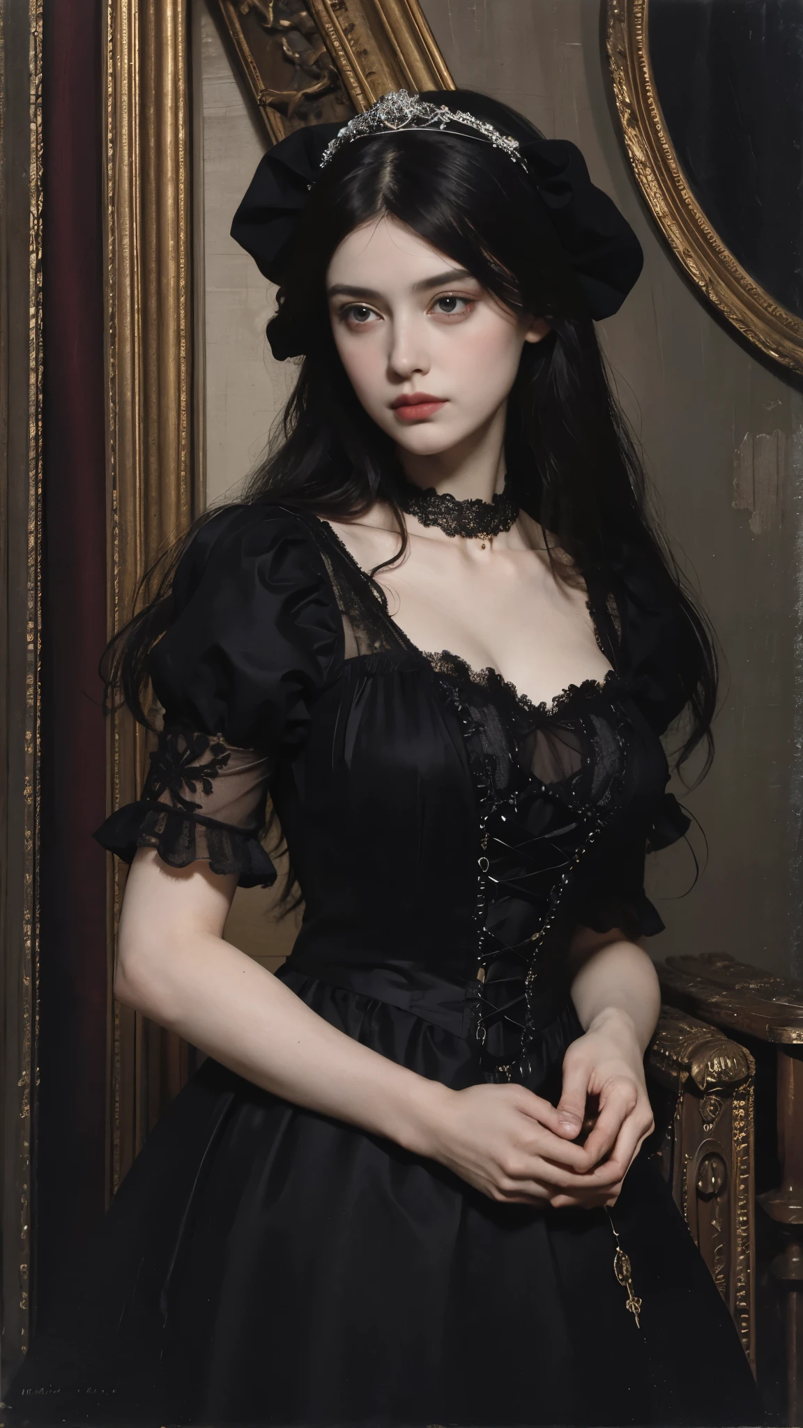 Pre-Raphaelites, black dress, death, rose in hands, gothic atmosphere, dark, gloomy, cathedral background, oil painting, medieval, multi-layered ruffles,lace,delicate embroidery,long hair, dark eyes, diadem