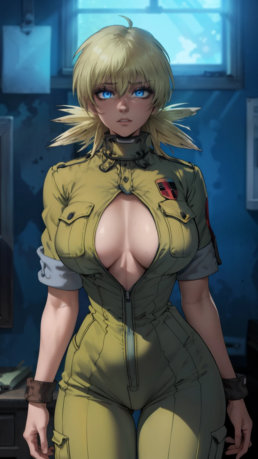 masterpiece, highest quality, best quality, official art, beautiful and aesthetic: 1.2), (1girl), extremely detailed, (fractal art: 1.3), colorful, highest detailed, perfect face, upper body, HDR, (prayer: 1.3), (dynamic stripes, luminous traces: 1.2), bright colors, hellsing, seras, standing, breast focus, breasts, large breasts, bare breasts, naked, nude, boob window, sexy, wide hips, thicc figure, Detailed blue eyes, Detailed face, Detailed eyes, perfect face, perfect eyes, wearing blue jumpsuit, jumpsuit, blue jumpsuit, breast window, naked breasts 