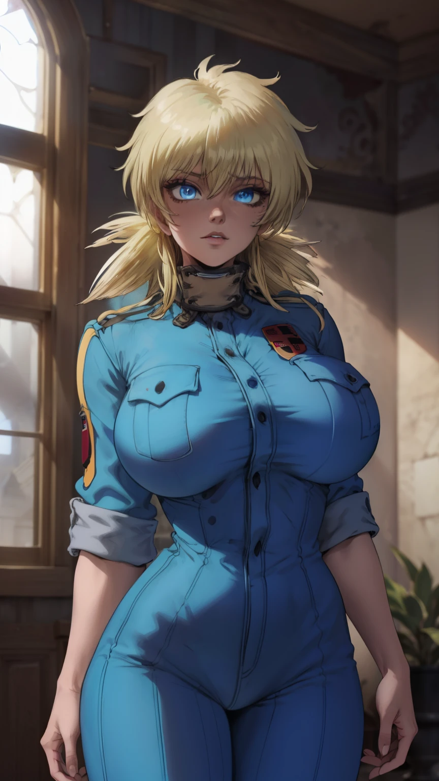 masterpiece, highest quality, best quality, official art, beautiful and aesthetic: 1.2), (1girl), extremely detailed, (fractal art: 1.3), colorful, highest detailed, perfect face, upper body, HDR, (prayer: 1.3), (dynamic stripes, luminous traces: 1.2), bright colors, hellsing, seras, standing, breast focus, breasts, large breasts, bare breasts, naked, nude, boob window, sexy, wide hips, thicc figure, Detailed blue eyes, Detailed face, Detailed eyes, perfect face, perfect eyes, wearing blue jumpsuit, jumpsuit, blue jumpsuit, breast window, naked breasts 