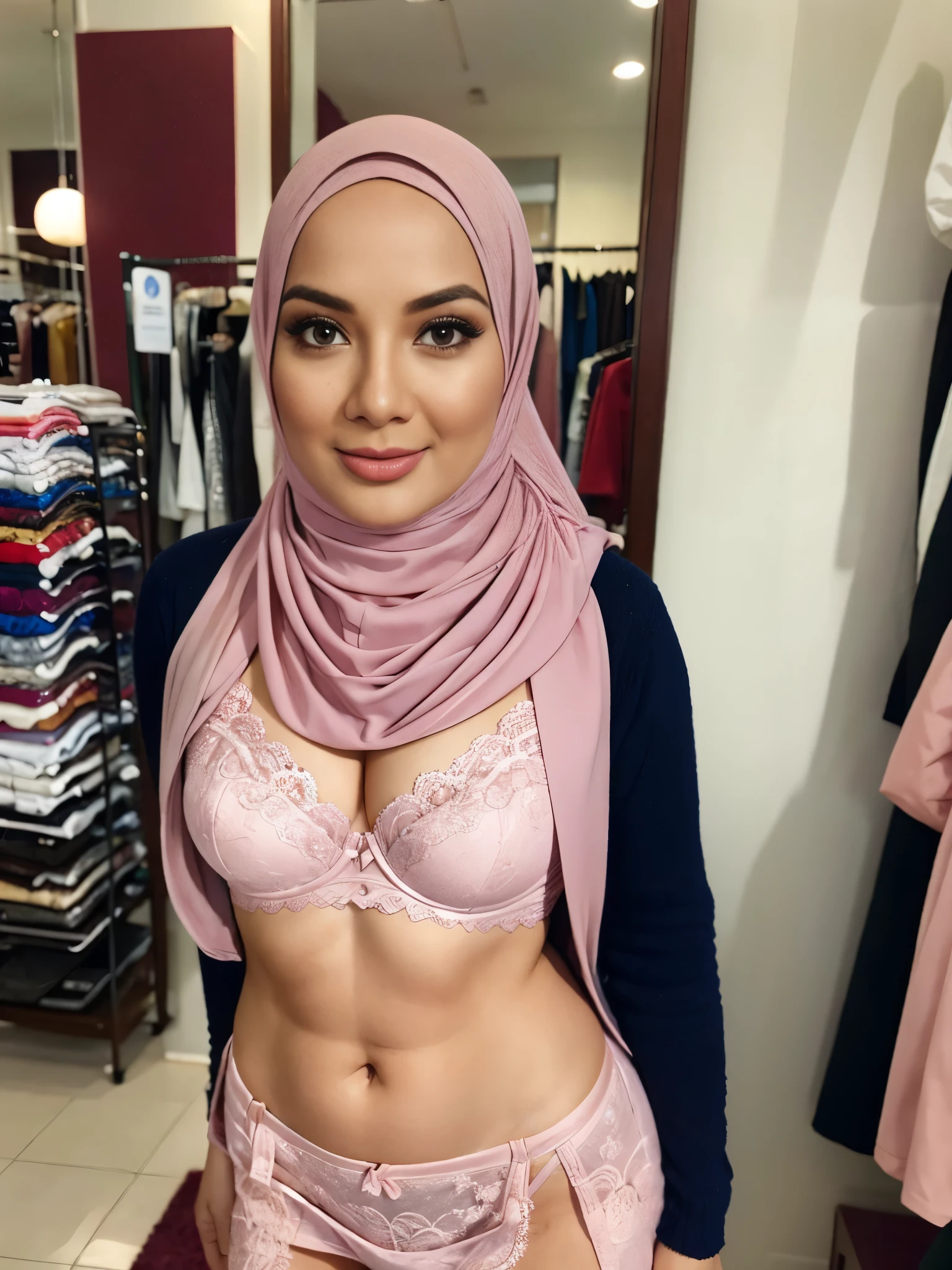 ((Pinky Lipini Skirt), A very sexy facial reaction "Naked Lace Bra" ((Hijab)), (Malaysia female), age 33 years old, 8K, photottorialism, ((Flat Chest)), ((PANTY)) Street Village, Straddling , Owner of women's underwear store 