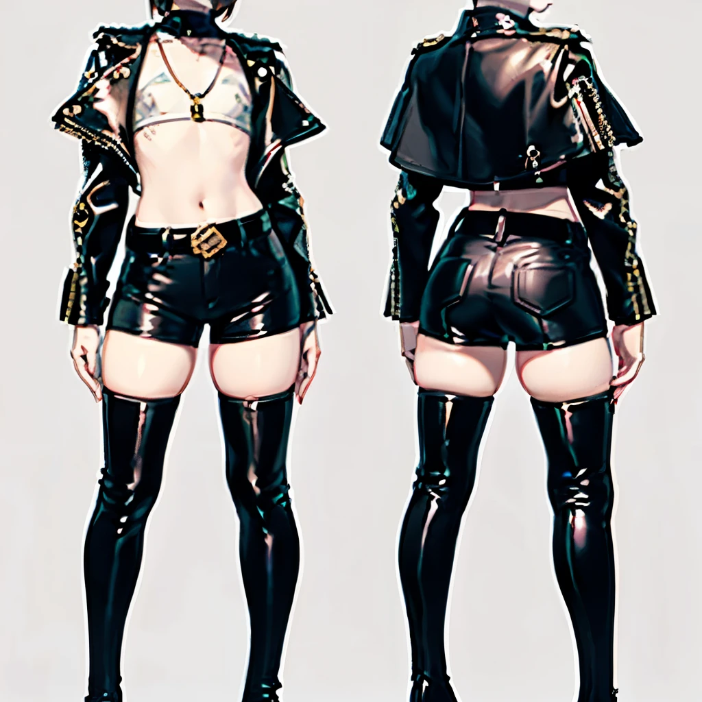 Boy, effeminate, tall, dark hair, pixie cut, pale skin, thick thighs, small waist, botty shorts, thigh highs,leather jacket, thigh high boots, full body image ((best quality)), ((masterpiece)), ((detailed)) flat chest, no 