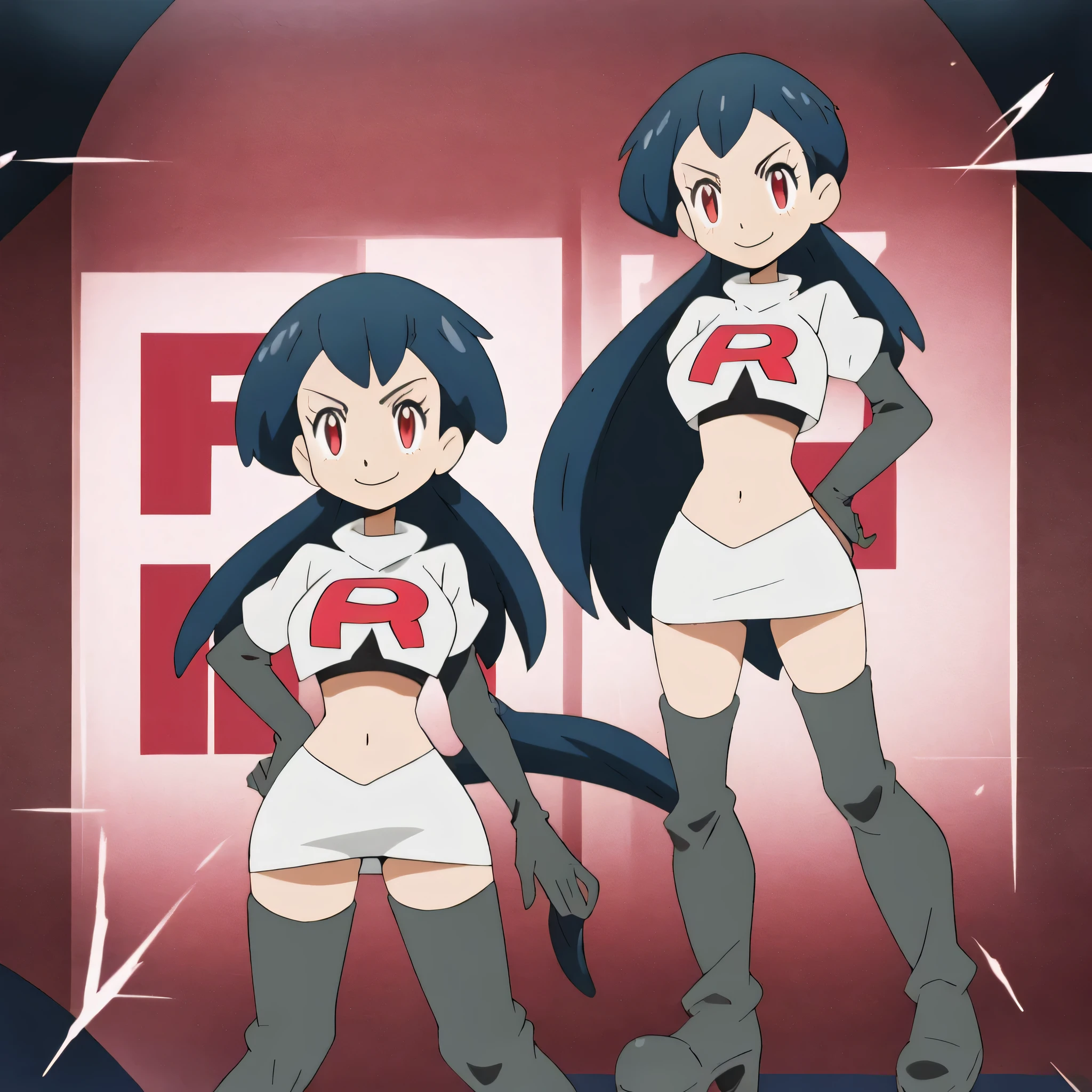 8k, anime screencap,1girl in, (solo:1.2), (perfect body:1.1), (best quality:1.1), very large breast, team rocket uniform, red letter r, white skirt,white crop top,black thigh-high boots, black elbow gloves, evil smile, looking down at viewer, hands on hips,zettai ryouiki,
