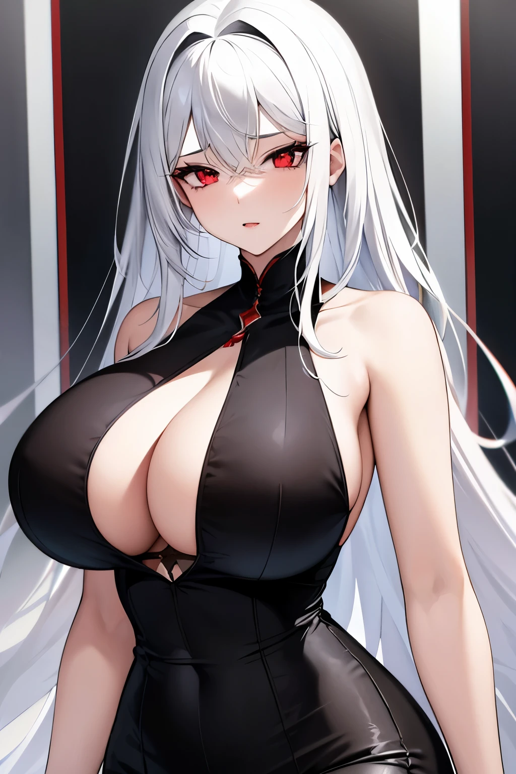 Beautiful girl, white hair, red eyes, black clothes, big breasts, cleavage,