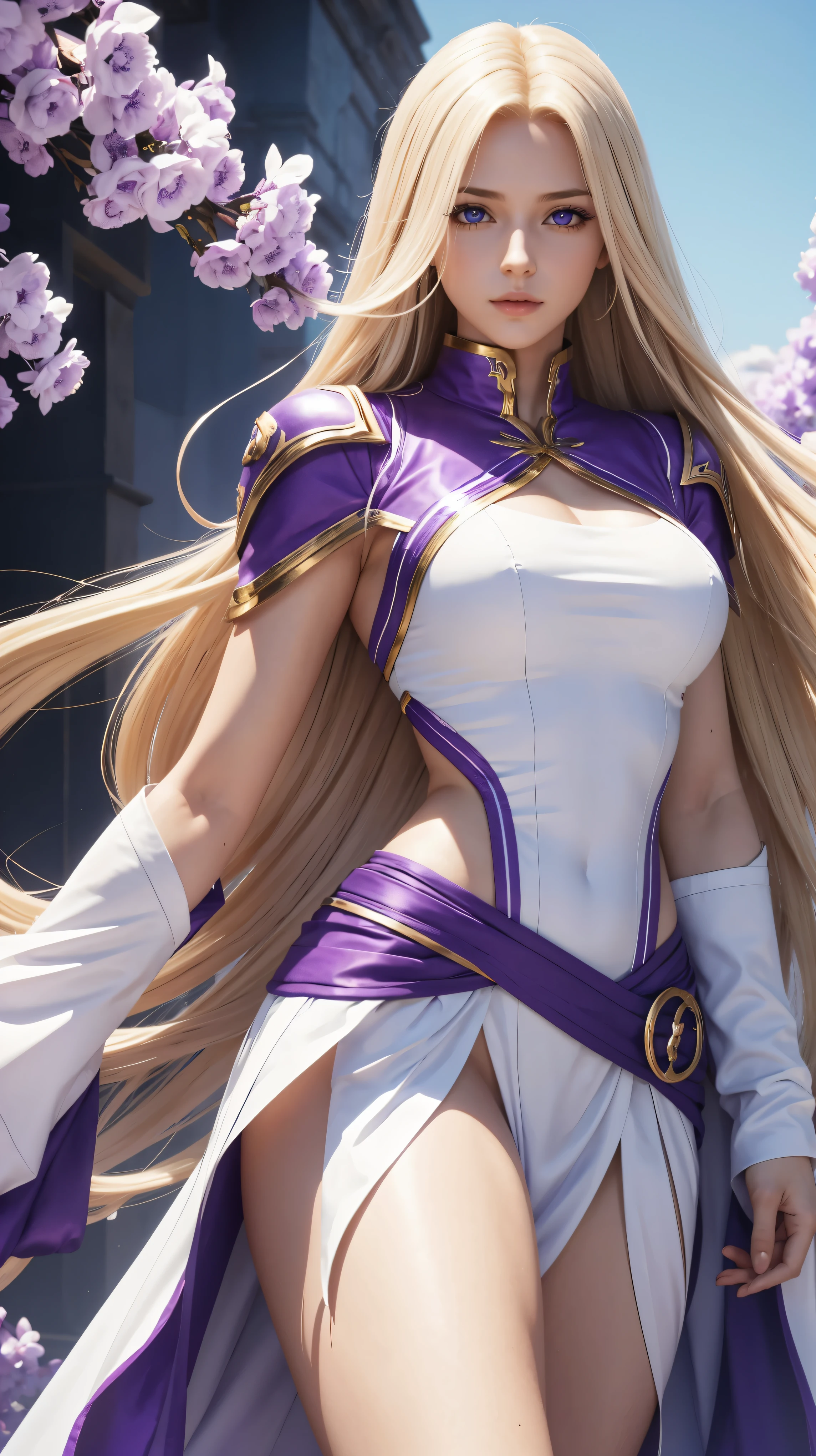 uma mulher linda e com longos cabelos loiros e olhos roxos que tem um corpo muito bonito vestindo roupa de gaia grega branca e roxa no estilo king of fighters