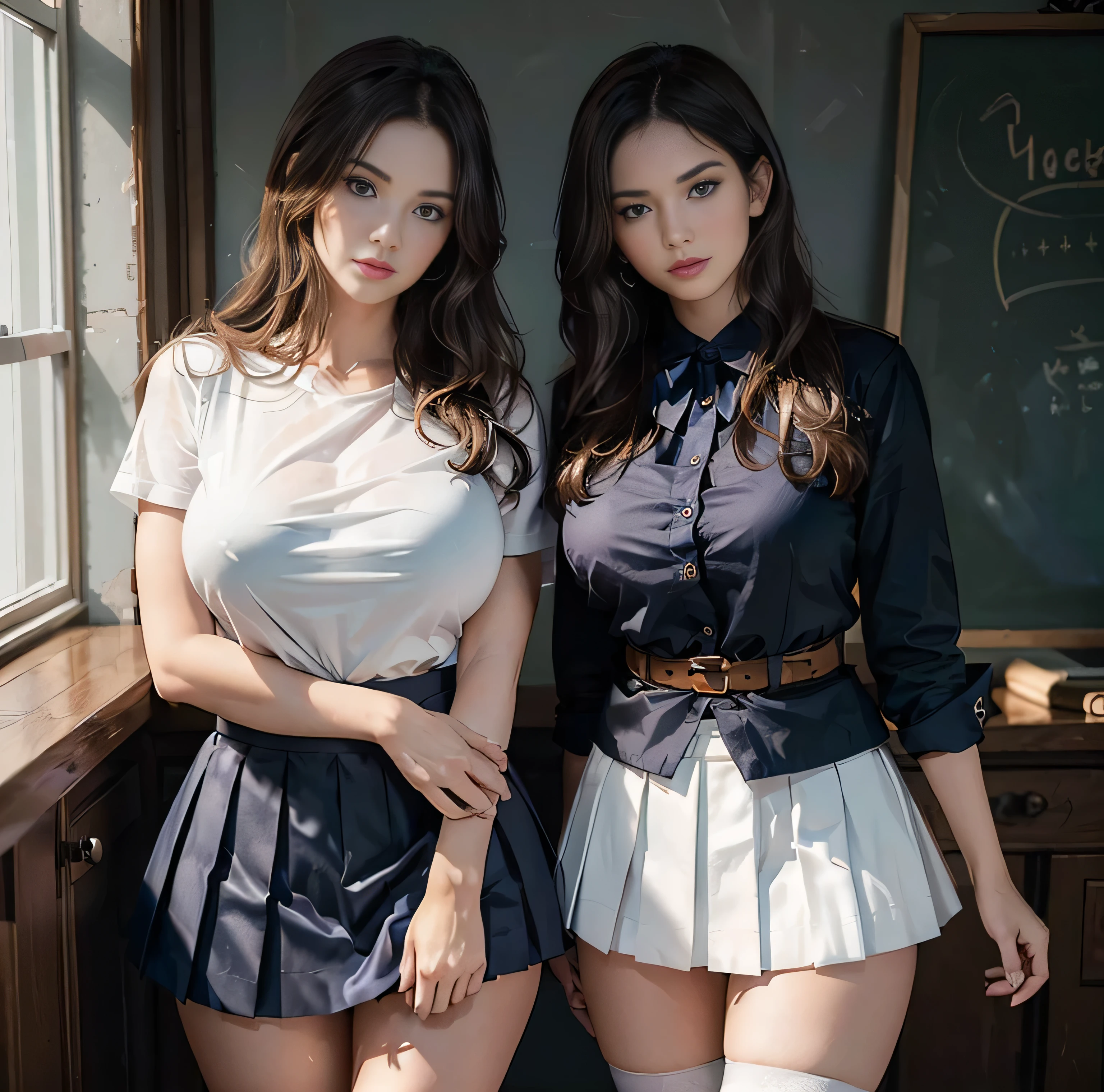 top-quality, 8K picture quality, ​masterpiece, (Professional lighting without shadows), (Two women standing and Show off your panties:1.2), (Perfect body and huge breasts squeezed by clothes:1.2), Bright whitening skin, (Bright and beautiful blue eyes with plump red tear bags reflect a lot of light.)、 (A tight pure white blouse that hides all of her huge breasts:1.2), Crimson Ribbon Tie, (Amazingly short micro mini pleated skirt), (Do not expose upper body skin:1.3), (Show off your beautiful thighs and ultra-slim waist from the front), (above the knee while standing), Huge breasts compressed by clothes, (Show off your panties:1.3), Two good friends, garter, school girl uniform