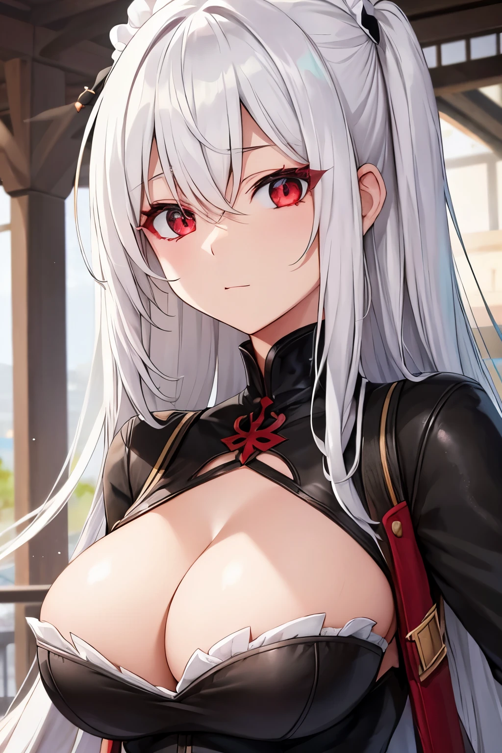 Beautiful girl, white hair, red eyes, black clothes, big breasts, cleavage,