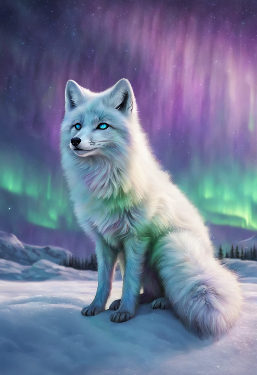 Arctic fox in a snowy tundra, pristine white fur blending with the environment, ice blue eyes, delicate paws leaving soft imprints on freshly fallen snow, Northern Lights (Aurora Borealis) gleaming in the background with hues of green and purple, isolated, serene, by Greg Rutkowski, ultra-realistic fur texture, 4k resolution, digital art, aesthetic
