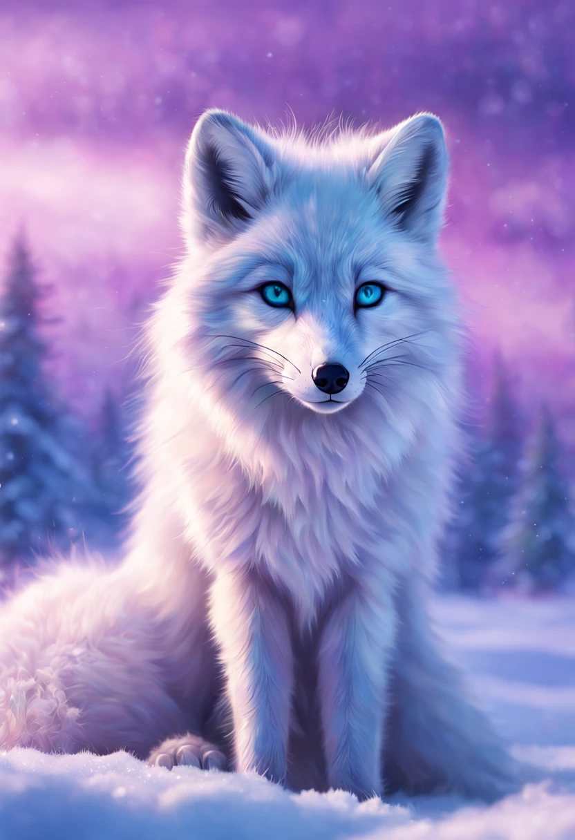 Arctic fox in a snowy tundra, pristine white fur blending with the environment, ice blue eyes, delicate paws leaving soft imprints on freshly fallen snow, Northern Lights (Aurora Borealis) gleaming in the background with hues of green and purple, isolated, serene, by Greg Rutkowski, ultra-realistic fur texture, 4k resolution, digital art, aesthetic