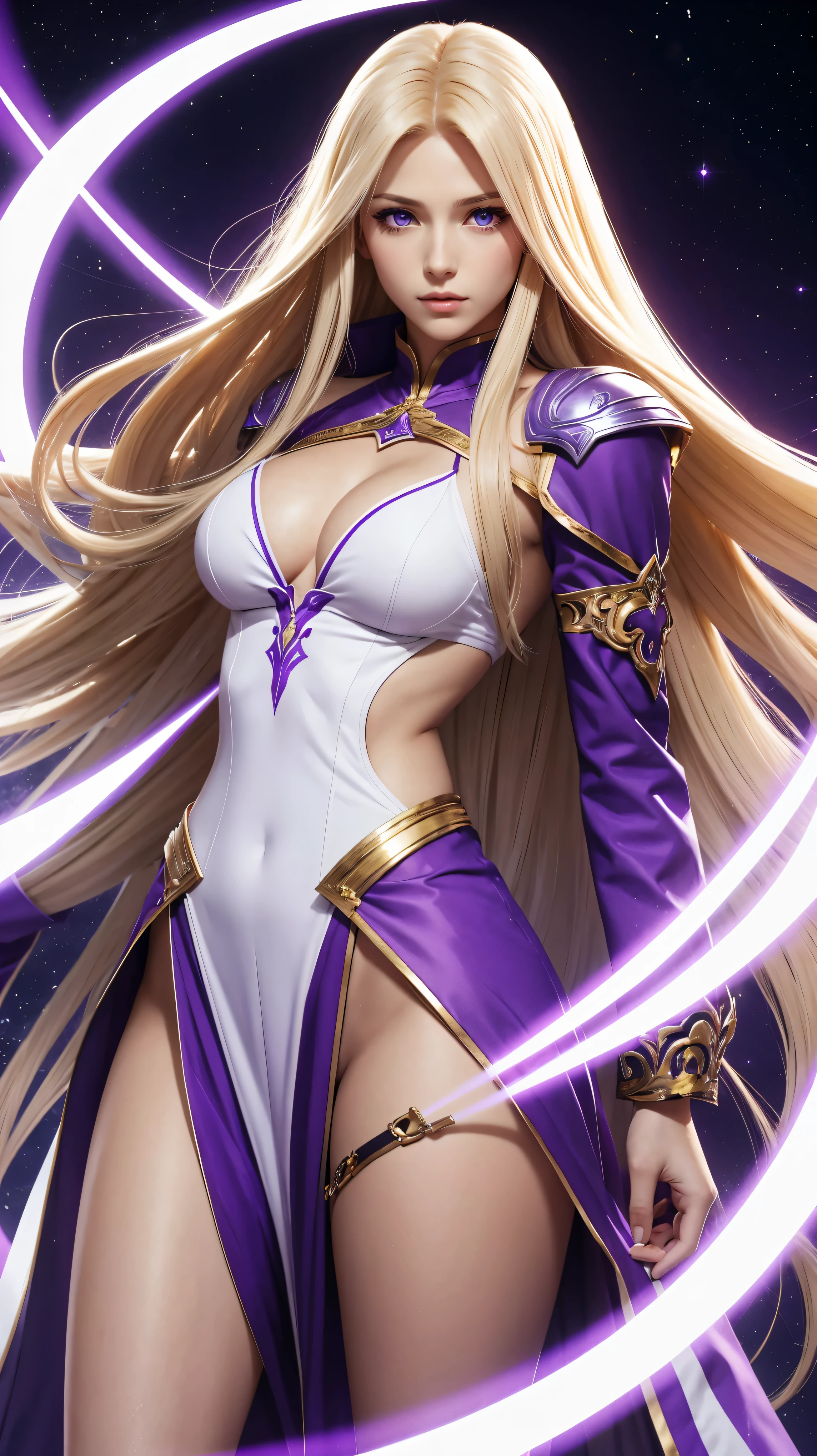 uma mulher linda e com longos cabelos loiros e olhos roxos que tem um corpo muito bonito vestindo roupa de gaia grega branca e roxa no estilo king of fighters