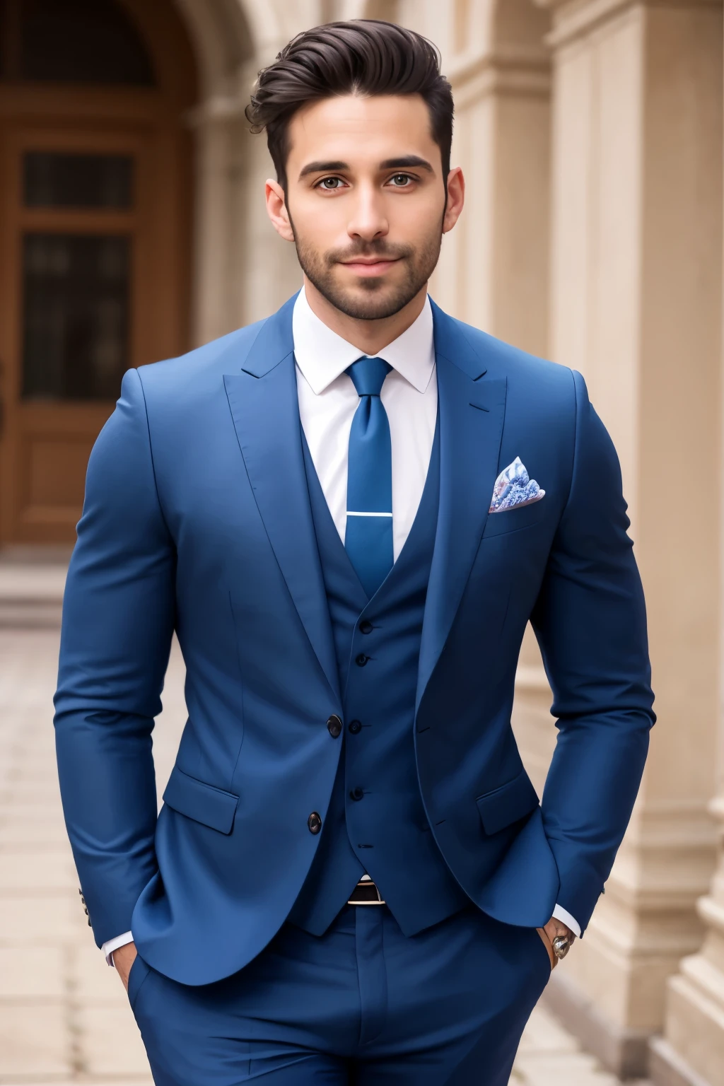 photograph of a 30 year old man from 1.78 cm de alto con una piel clara y suave, destaca por un rostro angelical. Sus ojos avellana emanan misterio, depth and seductive attraction. Su cabello oscuro y sedoso enmarca con elegancia un rostro que se ilumina con una sonrisa cautivadora, revelando labios bien definidos. His slim and athletic figure stands out in tailored suits, transmitiendo un aire de poder y autoridad