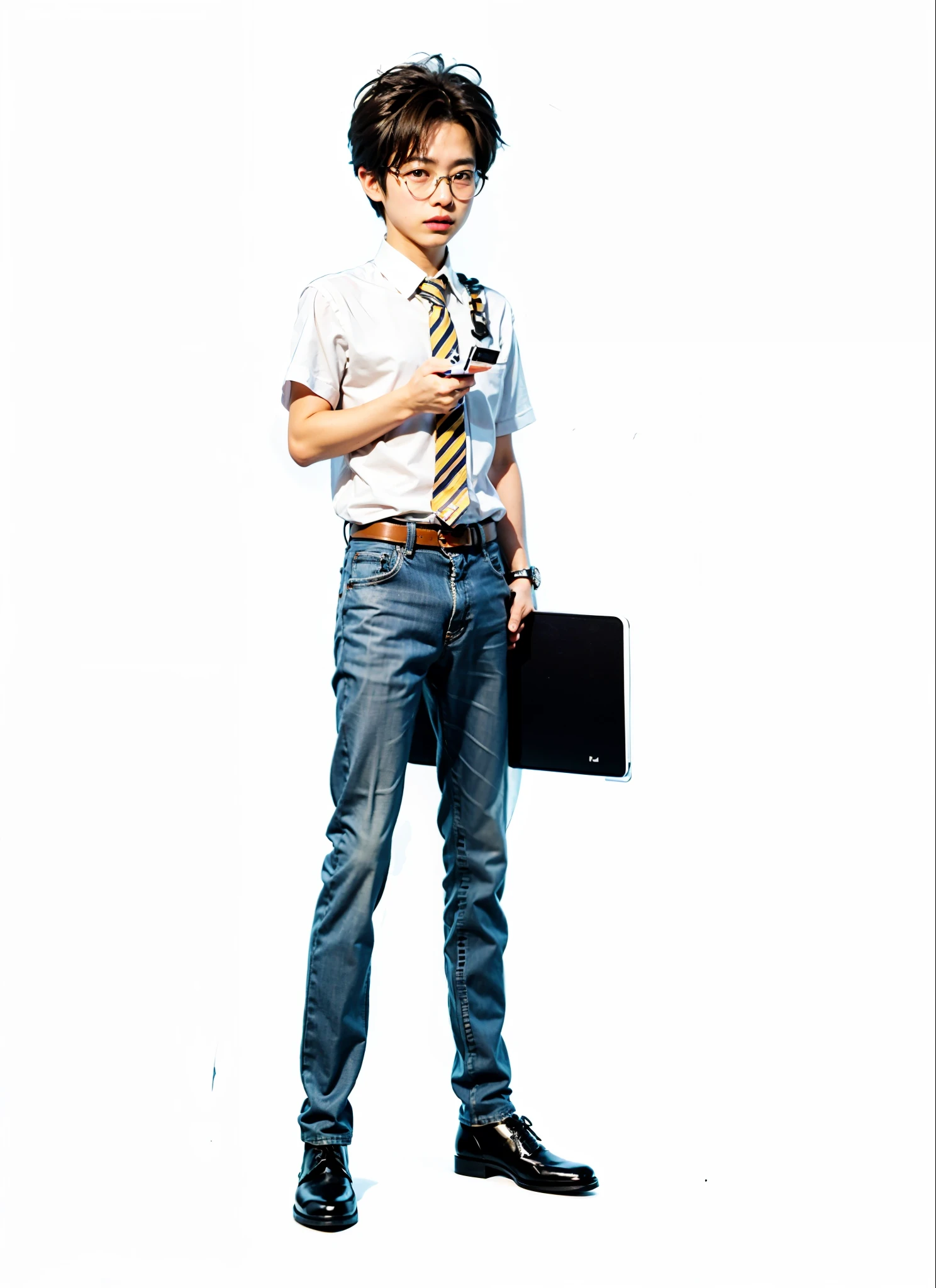 a Japanese man with brown hair, a serious expression on your face wearing discreet glasses, roupas sociais e gravata, holding in his left hand a gray notebook