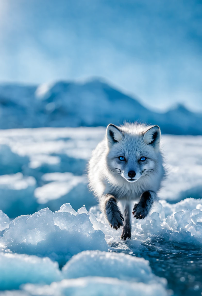 The Arctic Fox's Journey: (masterpiece, best quality, illustration, vibrant:1.2), an agile (arctic fox:1.3) leaping across fragmented ice floes, dynamic splash of icy water, mid-action, bright (sunlight reflecting:1.1) off glistening snow, (distant mountains:1.1), clear blue sky, a palette of cool blues and whites, sense of movement, the fox's focused (heterochromatic eyes: one blue, one green:1.2), long shadow cast on the frosty ground, intricate fur detail showing adaptation to the environment, mid-pounce, sense of adventure, aesthetic