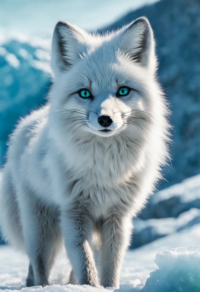 The Arctic Fox's Journey: (masterpiece, best quality, illustration, vibrant:1.2), an agile (arctic fox:1.3) leaping across fragmented ice floes, dynamic splash of icy water, mid-action, bright (sunlight reflecting:1.1) off glistening snow, (distant mountains:1.1), clear blue sky, a palette of cool blues and whites, sense of movement, the fox's focused (heterochromatic eyes: one blue, one green:1.2), long shadow cast on the frosty ground, intricate fur detail showing adaptation to the environment, mid-pounce, sense of adventure, aesthetic