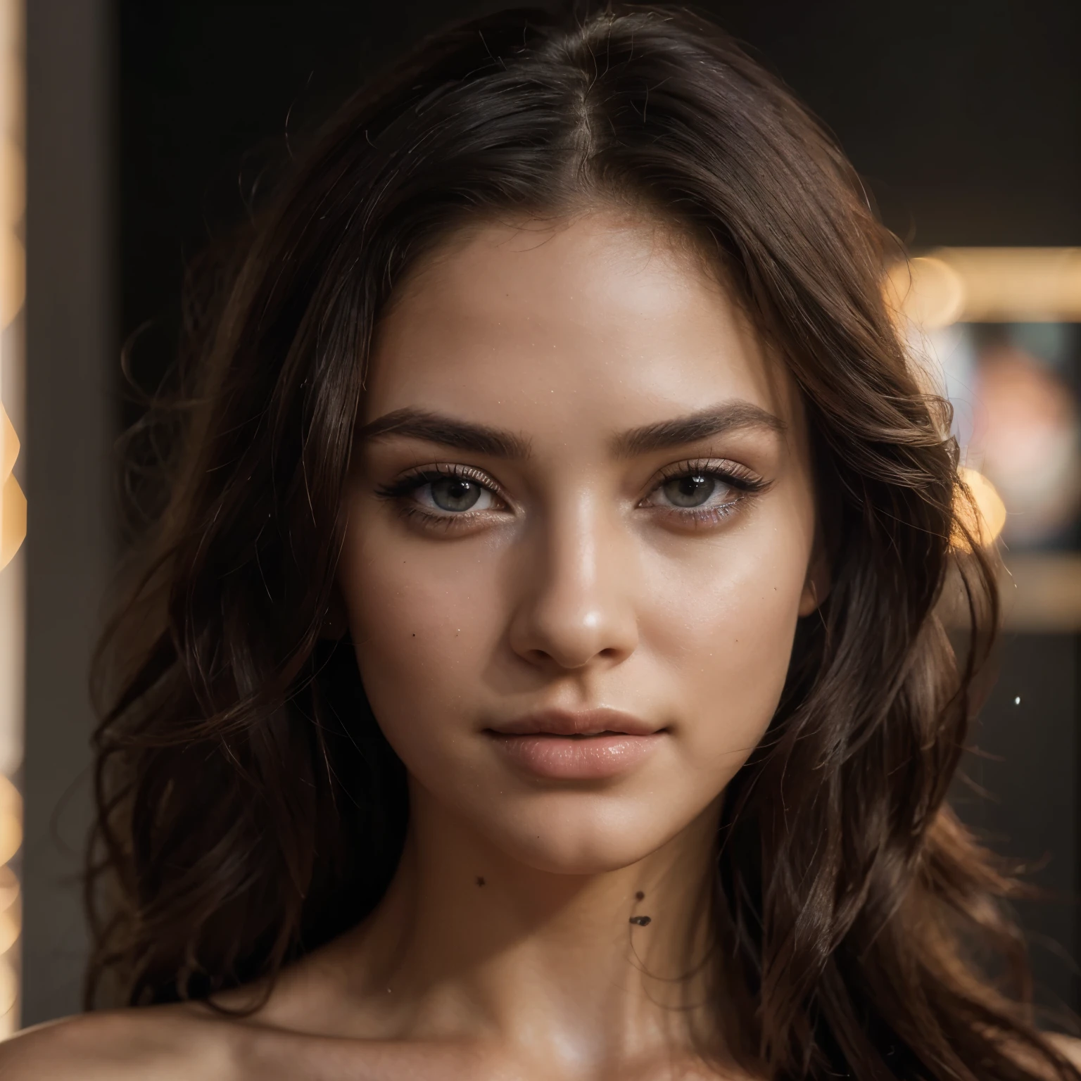 (best quality,4k,8k,highres,masterpiece:1.2),ultra-detailed,(realistic,photorealistic,photo-realistic:1.37),beautiful detailed eyes,beautiful detailed lips,extremely detailed eyes and face,longeyelashes,Gorgeous woman,close up shot,seductive smile,intense gaze,dark flowing hair,perfectly sculpted eyebrows,luminous skin,subtle natural makeup,high definition portrait,high fashion photography,vibrant colors,stunning lighting,modern fashion style