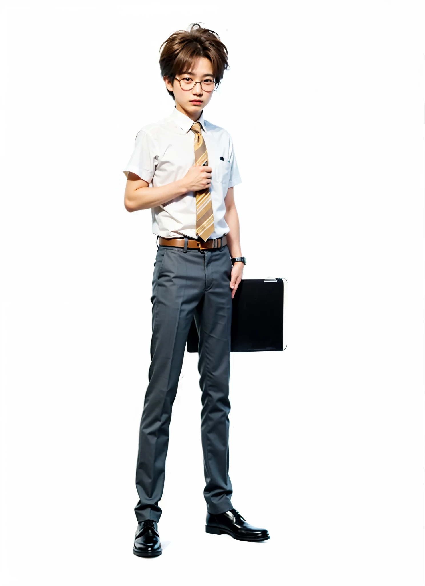 a Japanese man with brown hair, a serious expression on your face wearing discreet glasses, roupas sociais e gravata, holding in his left hand a gray notebook