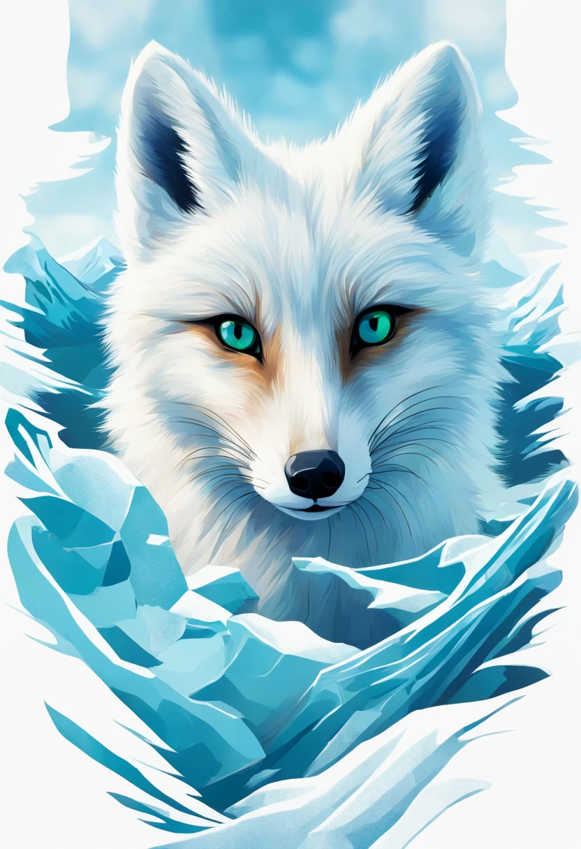The Arctic Fox's Journey: (masterpiece, best quality, illustration, vibrant:1.2), an agile (arctic fox:1.3) leaping across fragmented ice floes, dynamic splash of icy water, mid-action, bright (sunlight reflecting:1.1) off glistening snow, (distant mountains:1.1), clear blue sky, a palette of cool blues and whites, sense of movement, the fox's focused (heterochromatic eyes: one blue, one green:1.2), long shadow cast on the frosty ground, intricate fur detail showing adaptation to the environment, mid-pounce, sense of adventure, aesthetic