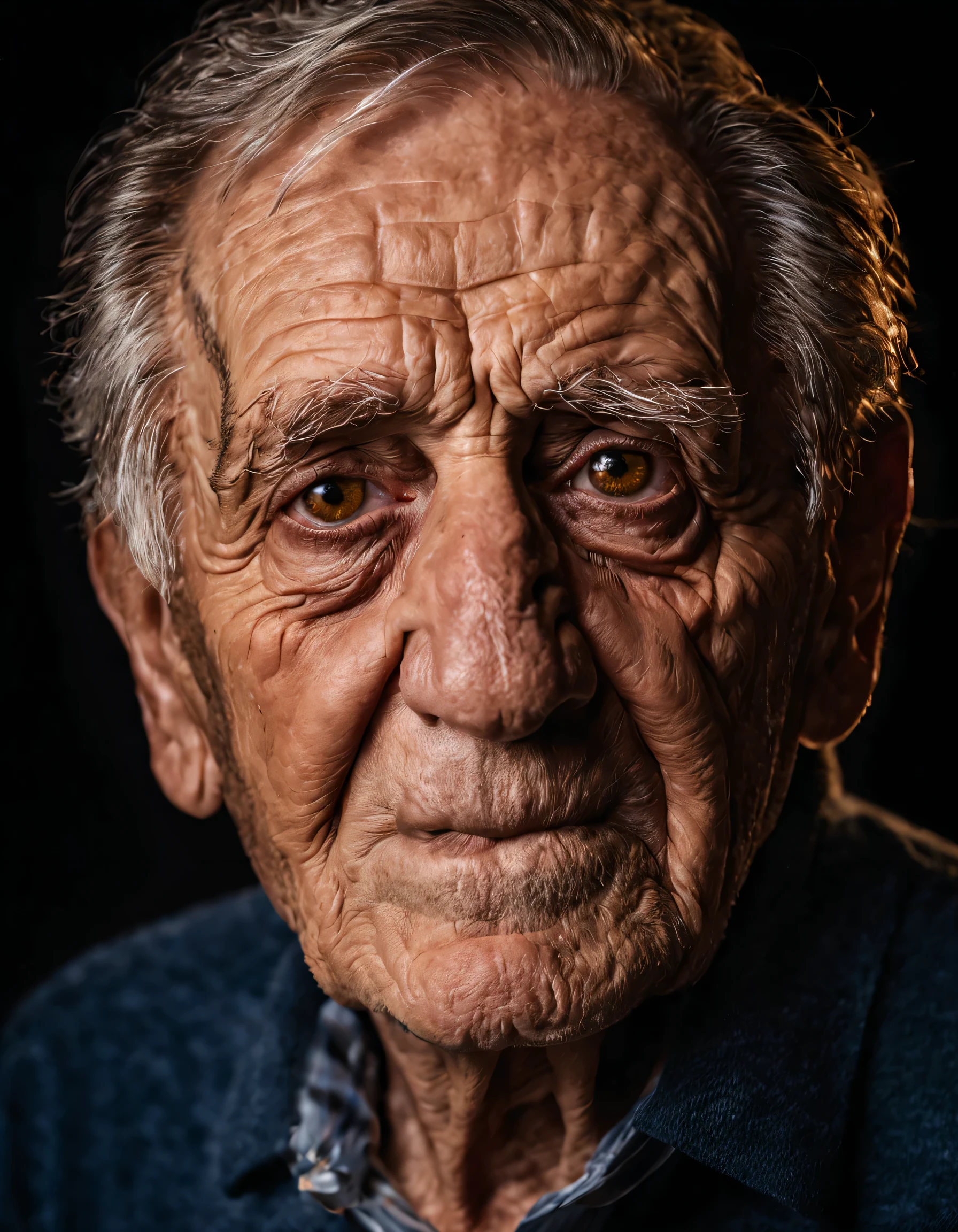 portrait photo of a 85 years old man named Mathew robins, brown eyes, studio lighting, black background, (front view : 2:0 ), detailed, 8K, healthy skin