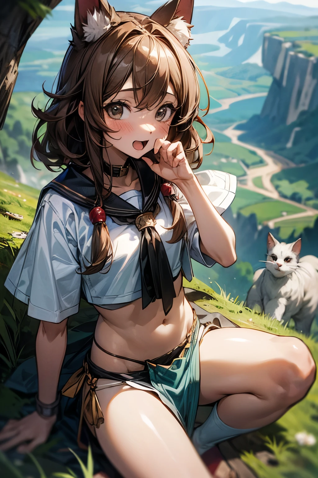 ((Masterpiece)), (Anime:1.3), ((best quality)), (RAW photo:1.2), (High Definition:1.3), (Professional Photography:1.2), (), cute teenage girl, (full body), BREAK, pale brown hair, (collar), messy hair, medium hair, black eyes, laughing, open mouth, blush, put on cat ears, hairs in the air, BREAK, (best quality), (ethnic long loincloth:1.4), small beast, (slender body), Glossy skin, BREAK, (High Definition), (Above 100 meters altitude), On a precipitous cliff, Sitting, (Landscape below the deep cliff:1.3),