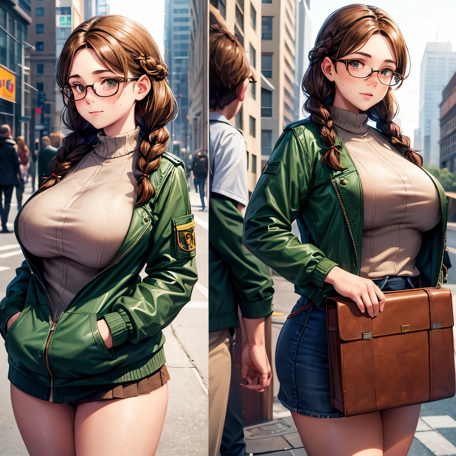 1girl, detailed face, detailed eyes, brown hair, twin braids, brown eyes, glasses, (freckles;1.5), huge breasts, huge ass, green jacket, miniskirt, outdoors, city