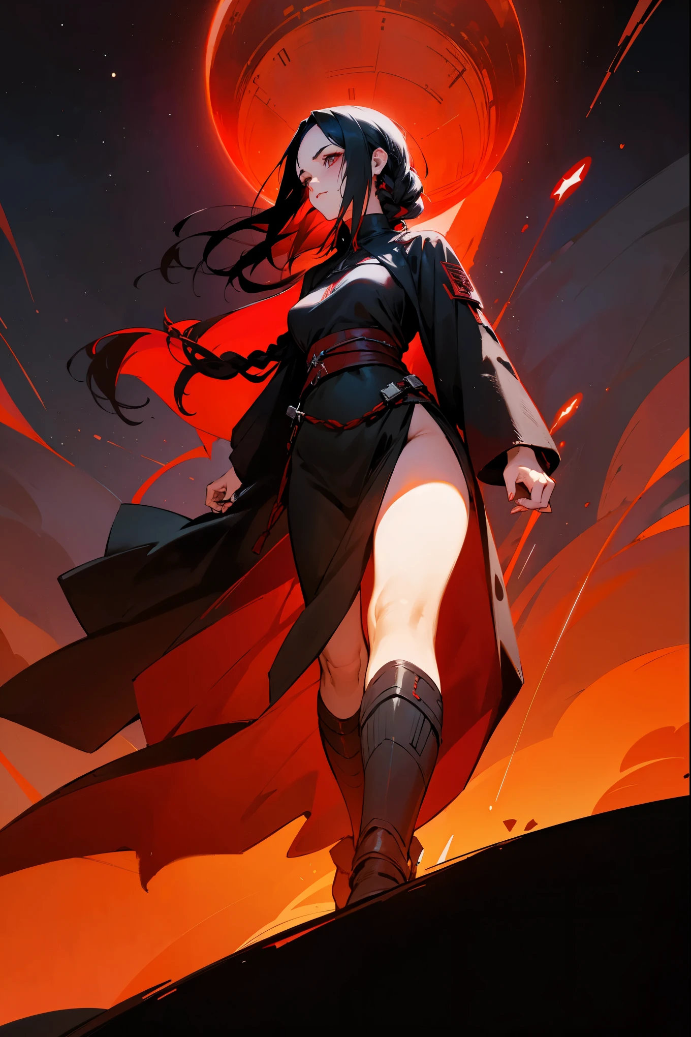 1female, red tattoos, braided hair, black hair, sith clothing, dark star wars sith clothing, (heavy sith clothing), Red aura, walking on path, star wars space background