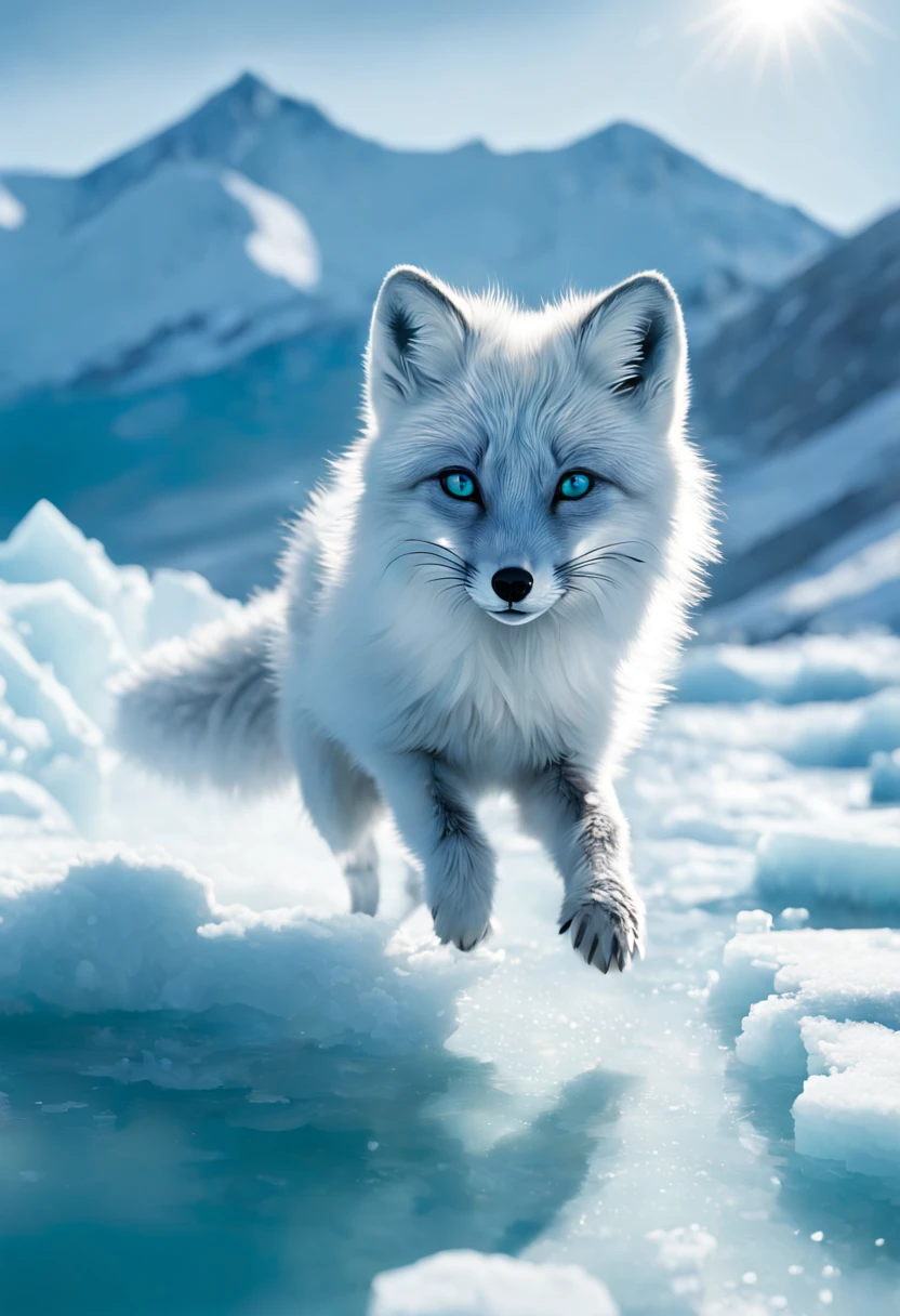 The Arctic Fox's Journey: (masterpiece, best quality, illustration, vibrant:1.2), an agile (arctic fox:1.3) leaping across fragmented ice floes, dynamic splash of icy water, mid-action, bright (sunlight reflecting:1.1) off glistening snow, (distant mountains:1.1), clear blue sky, a palette of cool blues and whites, sense of movement, the fox's focused (heterochromatic eyes: one blue, one green:1.2), long shadow cast on the frosty ground, intricate fur detail showing adaptation to the environment, mid-pounce, sense of adventure, aesthetic