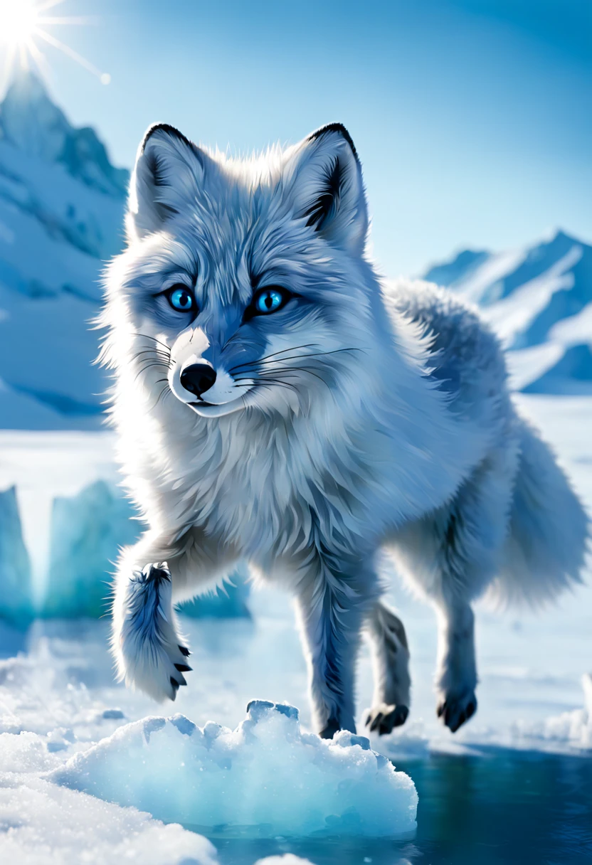 The Arctic Fox's Journey: (masterpiece, best quality, illustration, vibrant:1.2), an agile (arctic fox:1.3) leaping across fragmented ice floes, dynamic splash of icy water, mid-action, bright (sunlight reflecting:1.1) off glistening snow, (distant mountains:1.1), clear blue sky, a palette of cool blues and whites, sense of movement, the fox's focused (heterochromatic eyes: one blue, one green:1.2), long shadow cast on the frosty ground, intricate fur detail showing adaptation to the environment, mid-pounce, sense of adventure, aesthetic