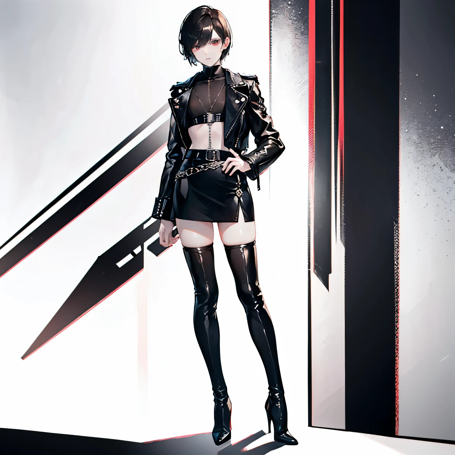 Boy, effeminate, tall, dark hair, pixie cut, pale skin, thick thighs, small waist, thigh highs, leather jacket,mini skirt, thigh high boots with heels, full body image ((best quality)), ((masterpiece)), ((detailed)) flat chest, no 