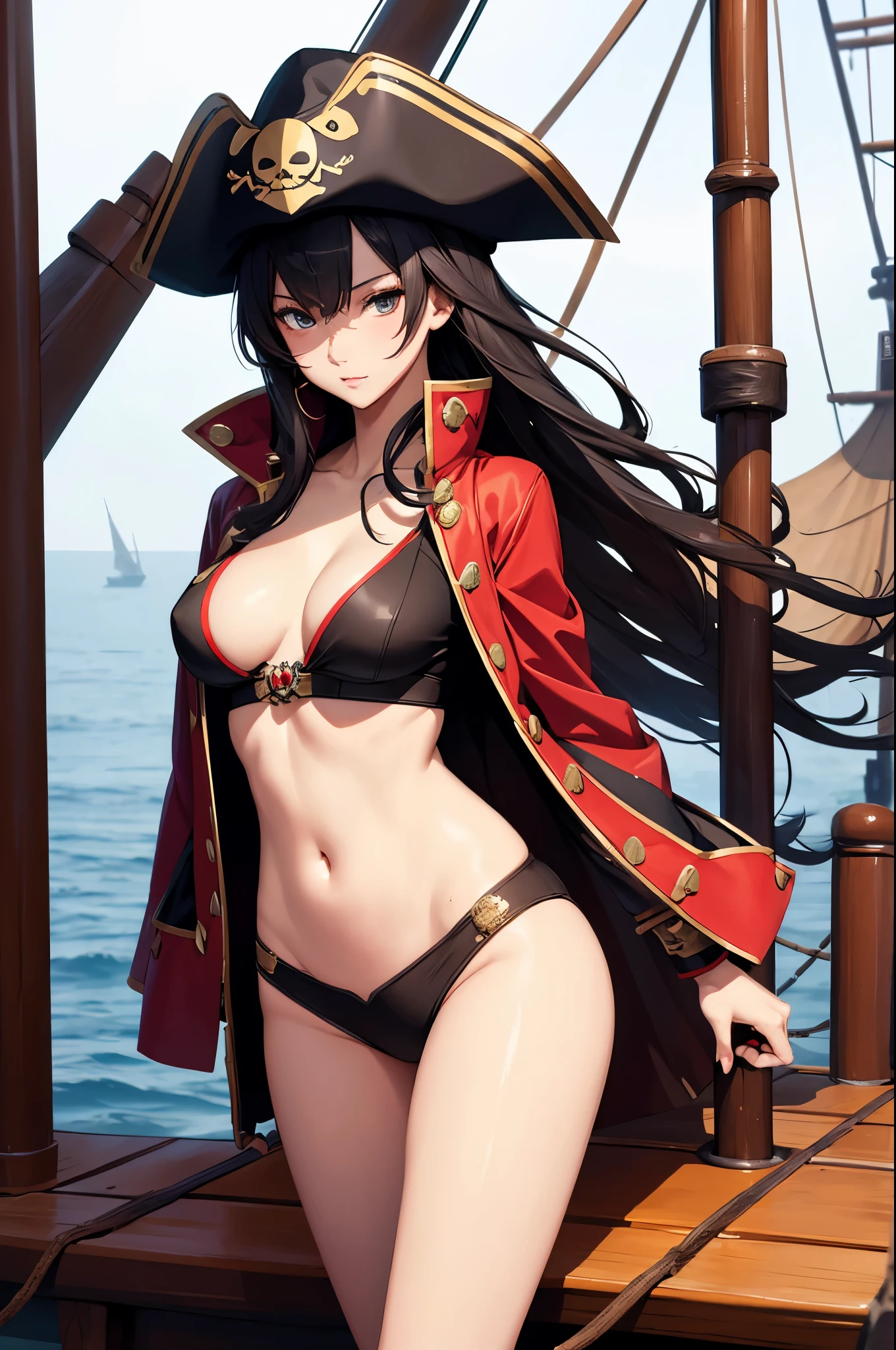 a sexy japanese woman wear pirate hat, pirate outfit, on a pirate ship, fog, soft light, (best quality), (masterpiece), slim, long legs, (flat chested), anime