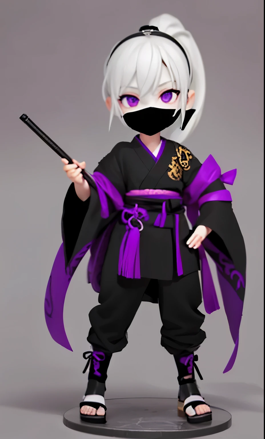 1 girl, full body, chibi, ninja, white mannequin, plastic ponytail, black mask, dark grayish purple and pure purple kimono, black pants, black and gold knee pads, sandals, black fingerless gloves, samurai motif, black waistband, white background