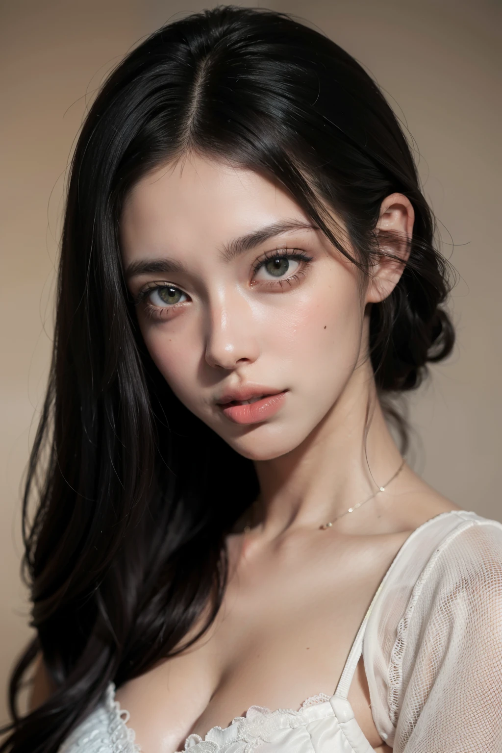 Stunning cinematic photo of a 30-year-old girl with shiny black hair and green eyes/gris, happy and joyful expression, boca cerrada, labios hermosos, detalles intrincados, poca profundidad de campo, muy detallado, alto presupuesto, epic hollywood movie, hermosa, obra maestra, premio. -Textura de piel ganadora, profesional, muy detallada y detallada (rubor: 0,5), (piel de gallina: 0,5). (the most beautiful woman in the world) (pelo negro brilloso) (pelo largo y lacio, corte elegante) cara delgada, nariz delgada, hermosa, muy hermosa, cara perfecta, cuerpo esbelto (delgada), (pelo negro brilloso) (verdes/gris ojos) (piel blanca) Hermoso cuerpo, rostro perfecto, ojos depredadores, labios rosados, muslos gruesos. cuerpo completo, belleza occidental, nariz fina, hermosa, perfecta, ((mejor calidad)), ((Ultra Resolution)), ((fotorrealista: 1.4)), (detalles intrincados), rostro perfecto, maquillaje: 1.5, rostro claro, detalles faciales. vista frontal ((vestimenta vestido elegante, telas finas)) information