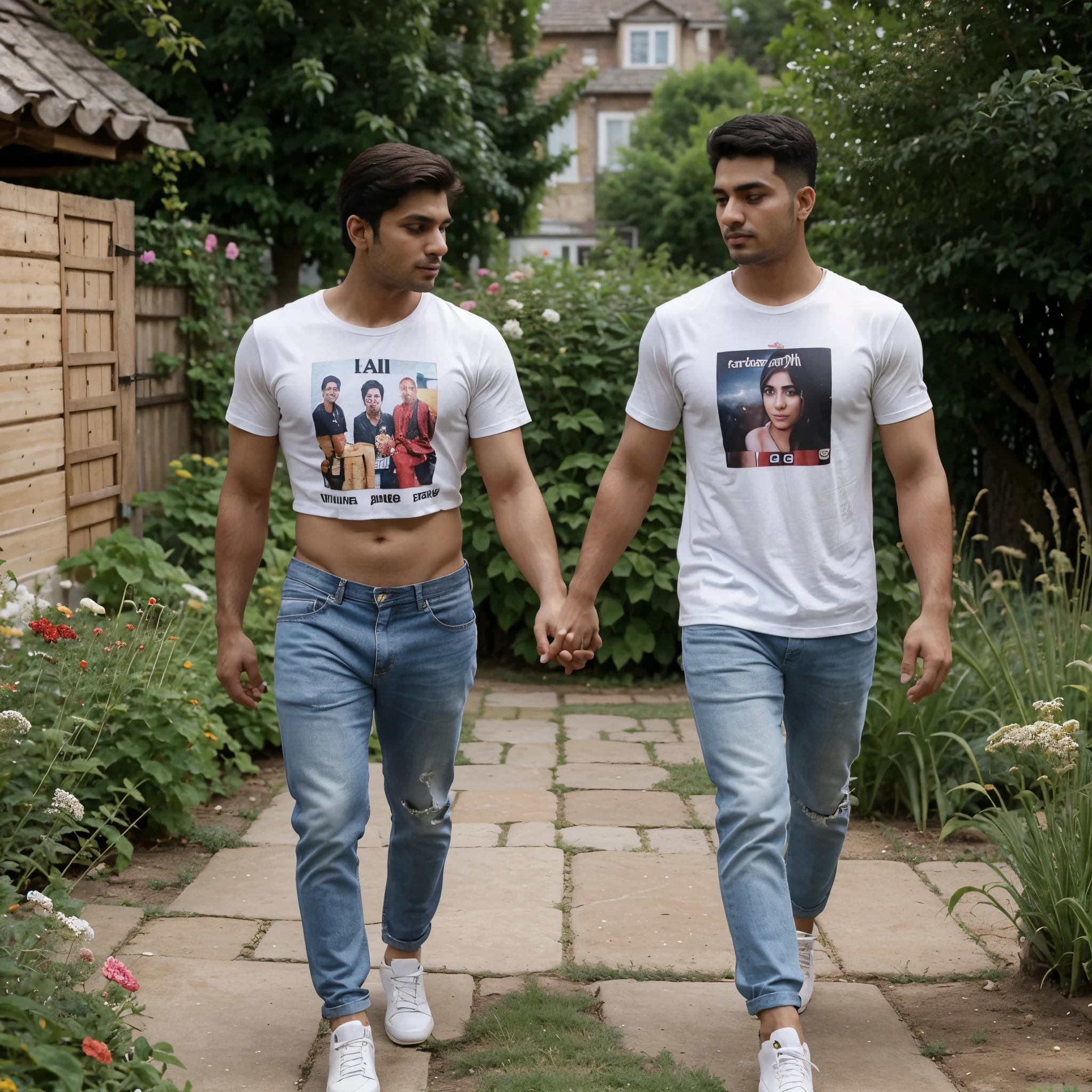 A 27 year old man name is Sajid on his t-shirt and 25 year old cute girl name is farnaz on her crop top walking in a garden holding each other hands and looking each other eyes. Make it cartoon format