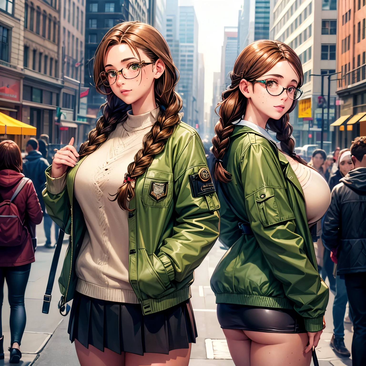 1girl, detailed face, detailed eyes, brown hair, twin braids, brown eyes, glasses, (freckles;1.5), large breasts, huge ass, green jacket, miniskirt, outdoors, city