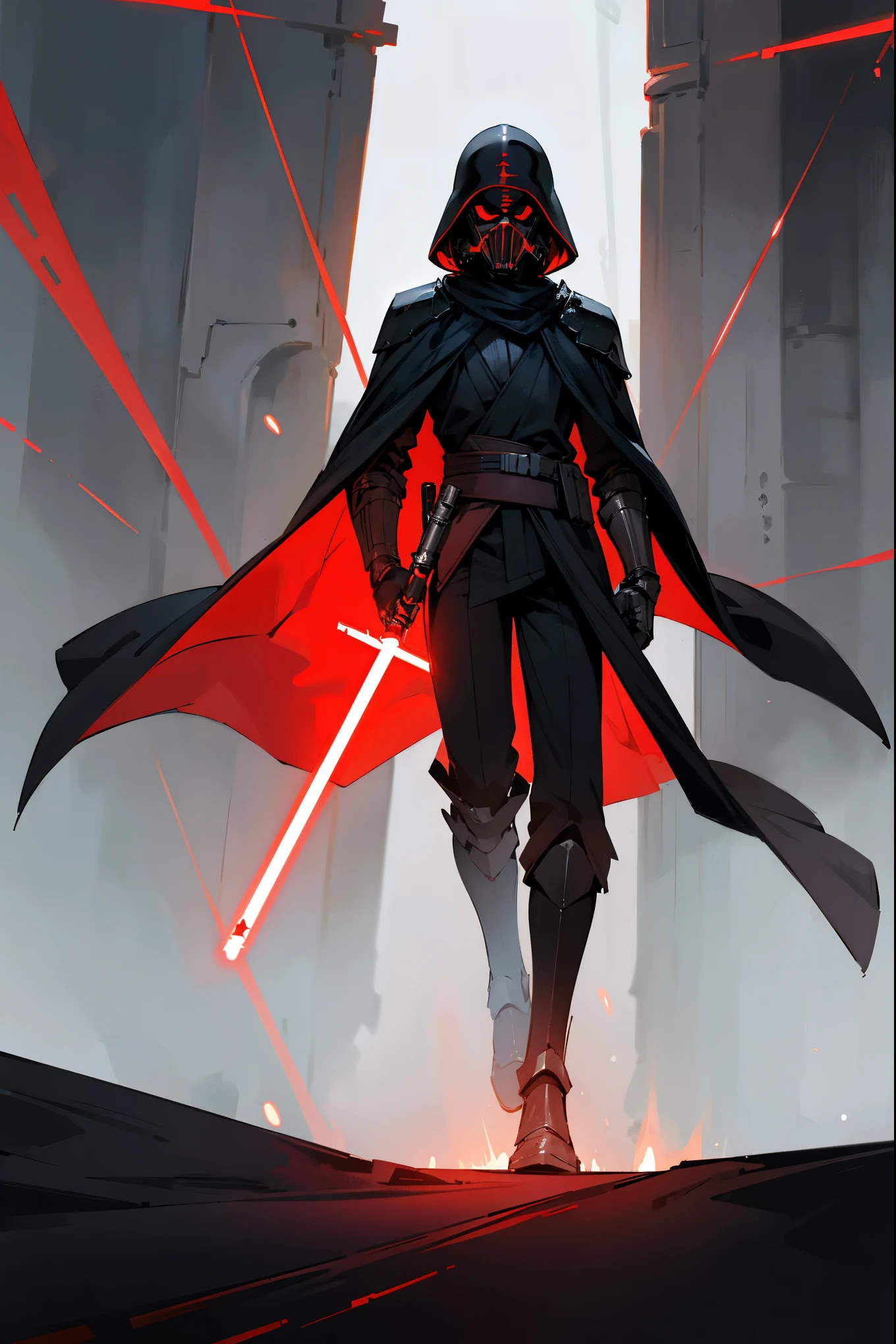 1male, star wars sith helmet, sith clothing, dark clothing, armored clothing, dark cloak, battle background, warring background, walking on path, red lightsaber