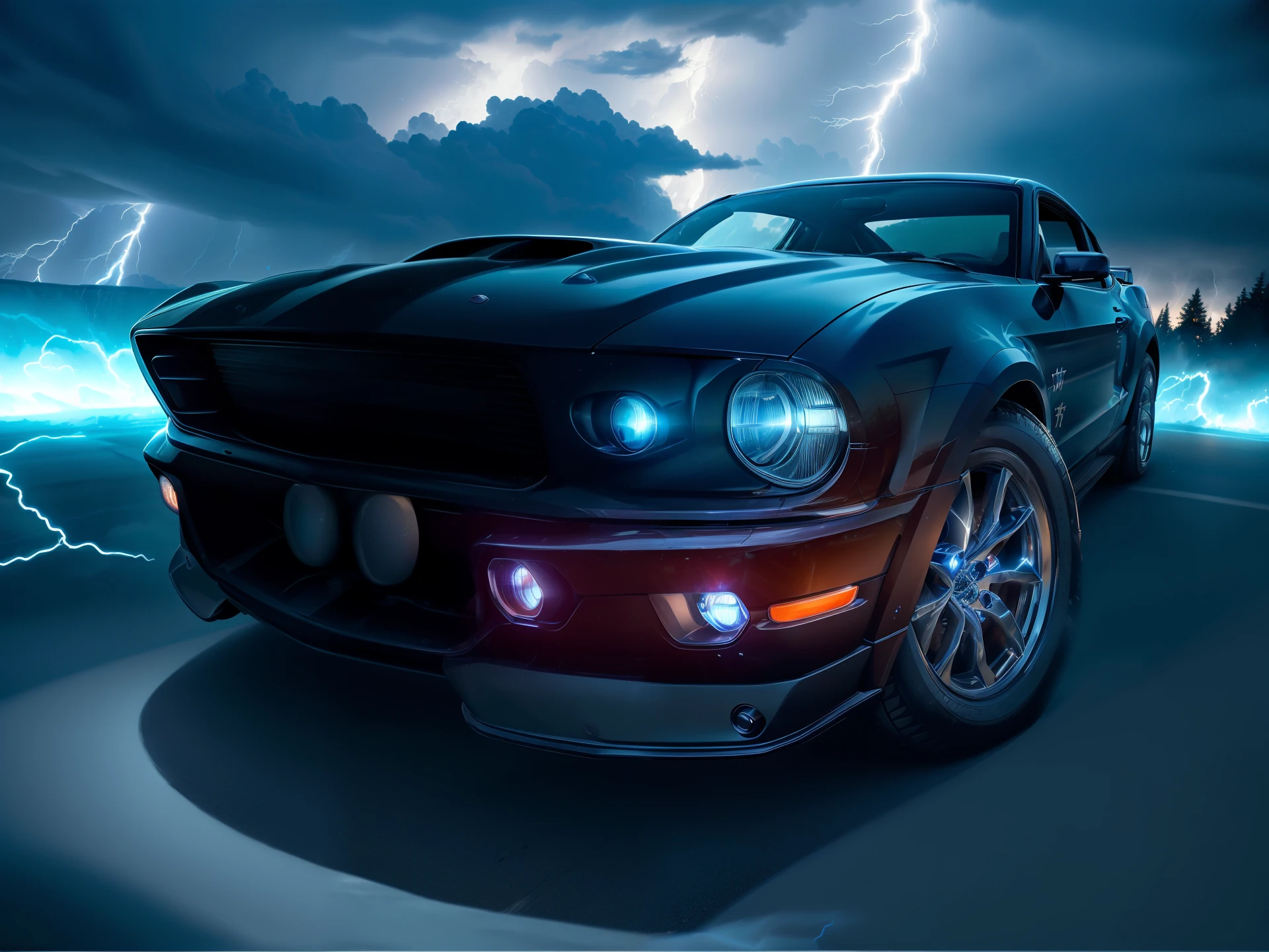 masterpiece, absurdres, extremely detailed,  madeoflightningai, ford mustang, racing past, in motion, (lightning), magical, (res lightning), night, volumetric lighting,