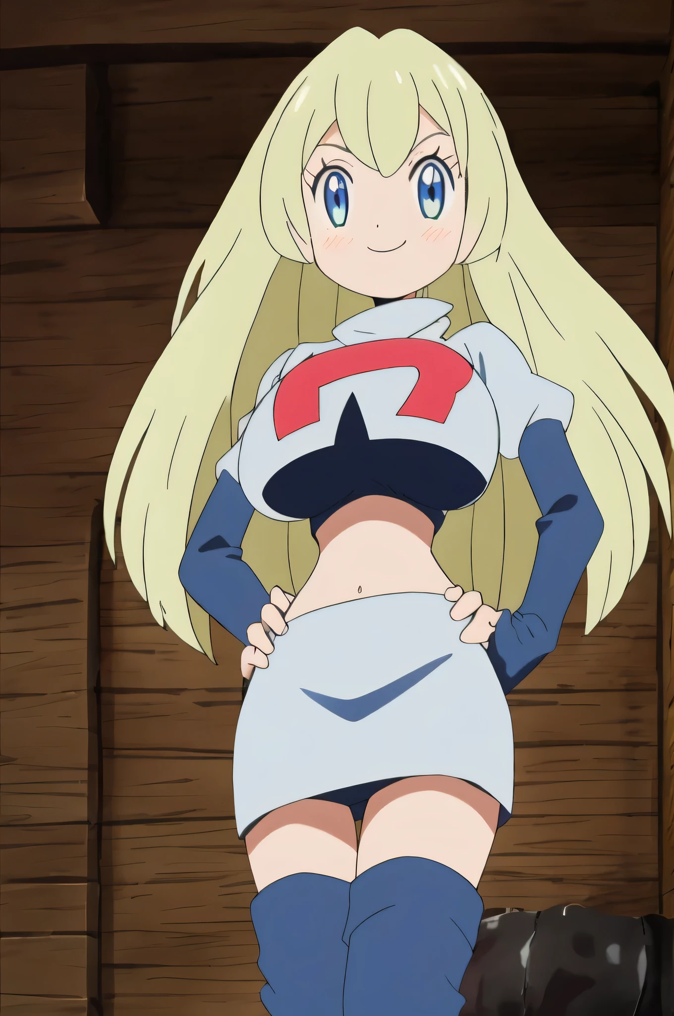 8k, anime screencap,1girl in, (solo:1.2), (perfect body:1.1), (best quality:1.1), very large breast, team rocket uniform, red letter r, white skirt,white crop top,black thigh-high boots, black elbow gloves, evil smile, looking down at viewer, hands on hips,zettai ryouiki,