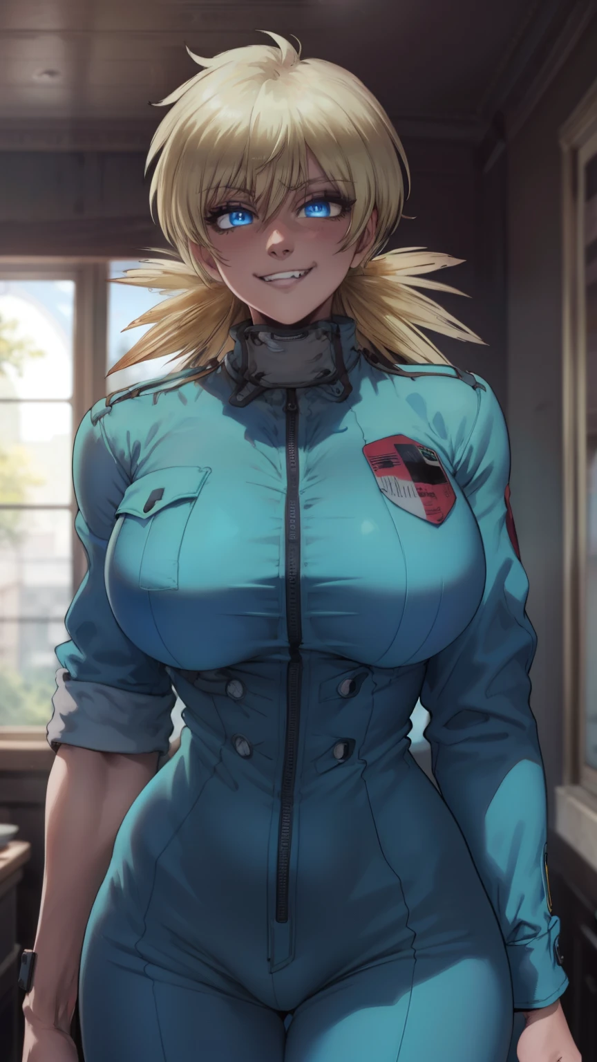 masterpiece, highest quality, best quality, official art, beautiful and aesthetic: 1.2), (1girl), extremely detailed, (fractal art: 1.3), colorful, highest detailed, perfect face, upper body, HDR, bright colors, hellsing, seras, standing, breast focus, breasts, large breasts, bare breasts, naked, nude, boob window, sexy, wide hips, thicc figure, Detailed blue eyes, Detailed face, Detailed eyes, perfect face, perfect eyes, wearing blue jumpsuit, jumpsuit, blue jumpsuit, breast window, naked breasts, smug, smug grin, smug expression, fangs