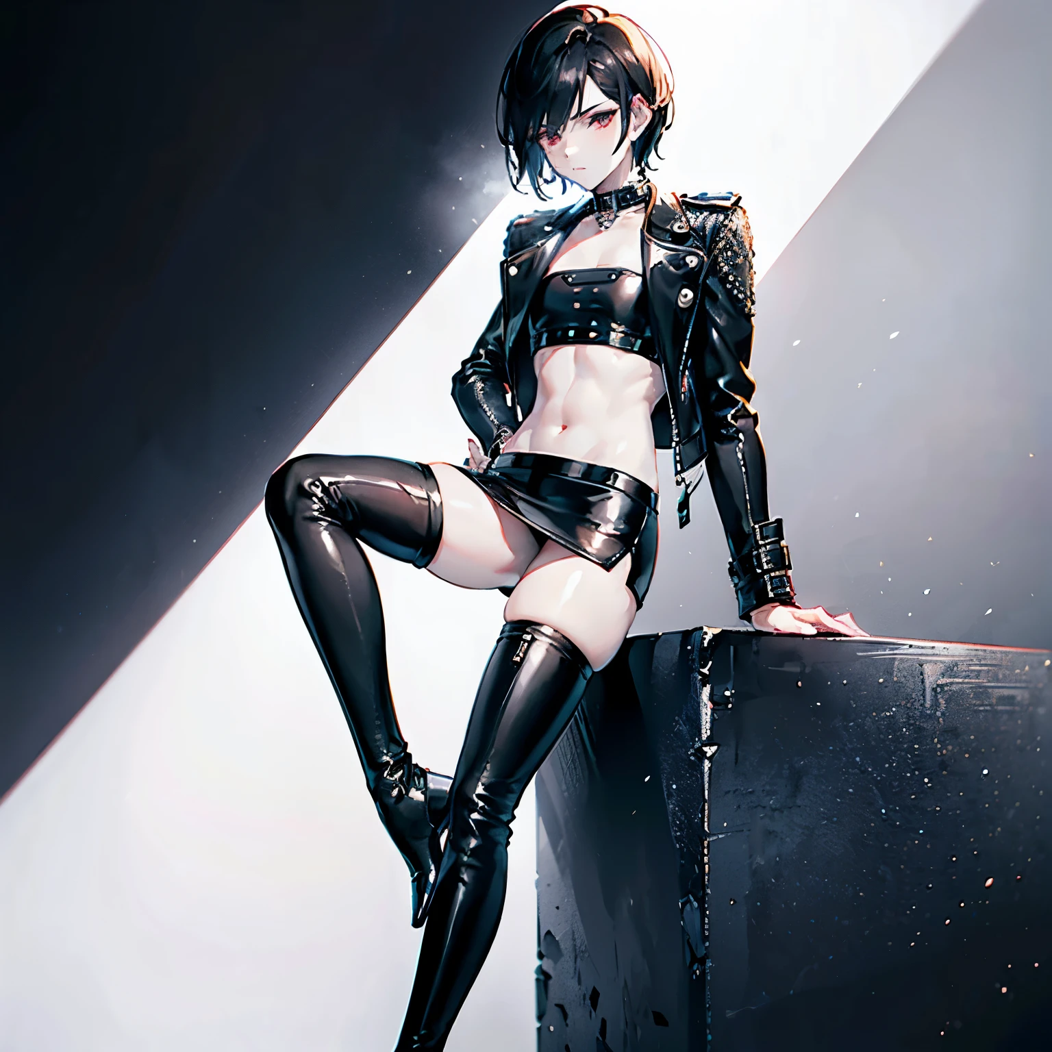 Boy, effeminate, tall, dark hair, pixie cut, pale skin, thick thighs, small waist, thigh highs, leather jacket,mini skirt, thigh high boots with heels, full body image ((best quality)), ((masterpiece)), ((detailed)) flat chest, no 
