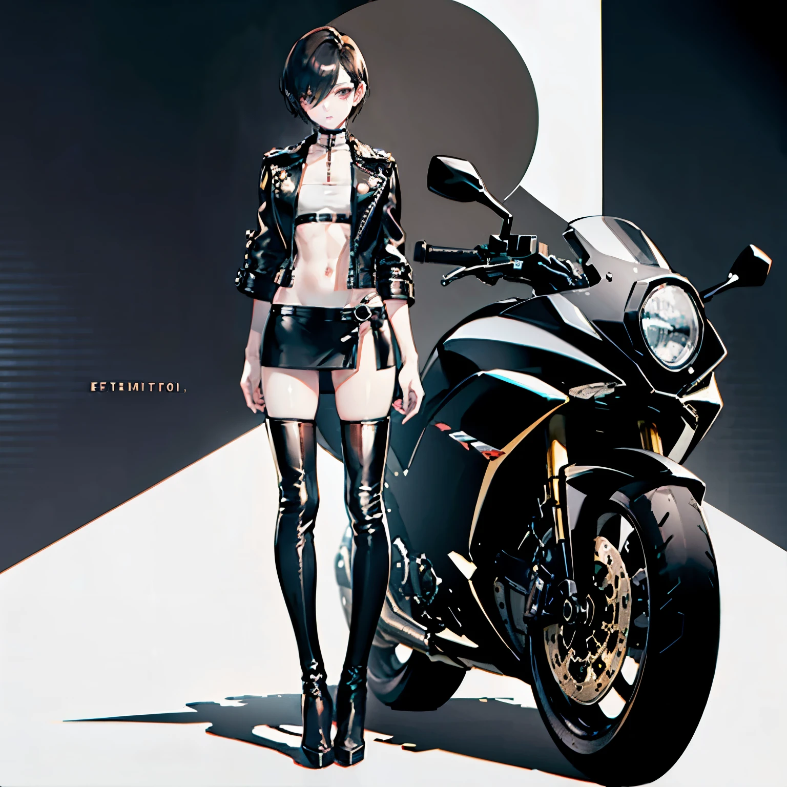 Boy, effeminate, tall, dark hair, pixie cut, pale skin, thick thighs, small waist, thigh highs, leather jacket,mini skirt, thigh high boots with heels, full body image ((best quality)), ((masterpiece)), ((detailed)) flat chest, no 