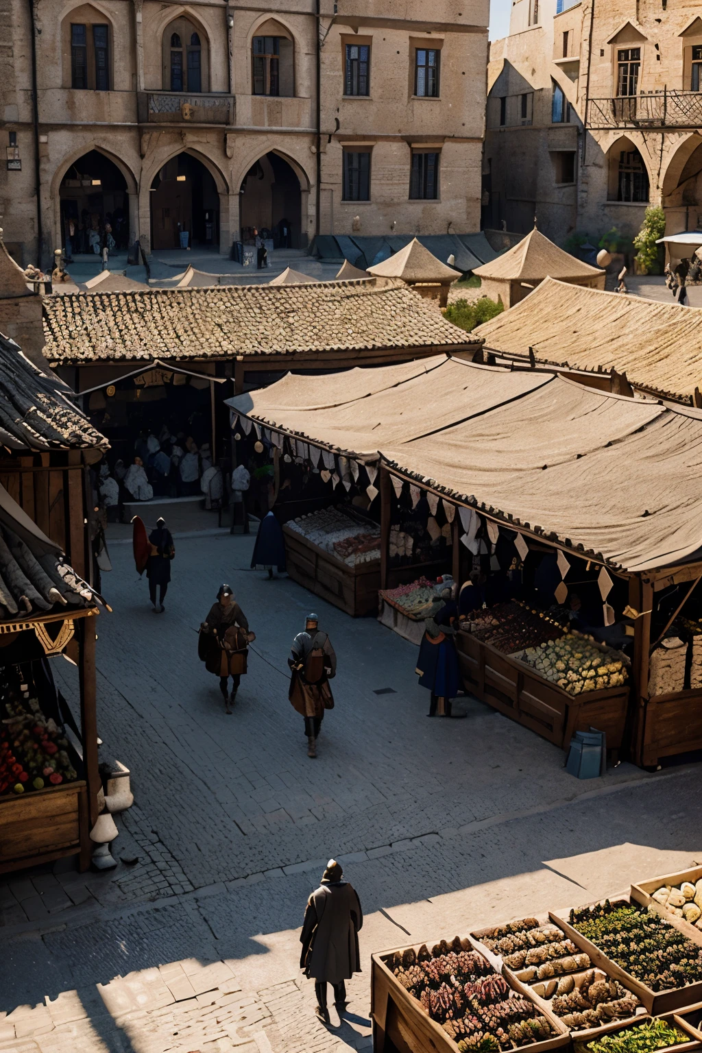 create a hyperealistic image, photo realistic, 4k, ultra wide, cinematic of a medieval (12 century) townsquare, open market, with knights, commoners, in daily activities , from a distance, zoomed out, showing a fair and commerce