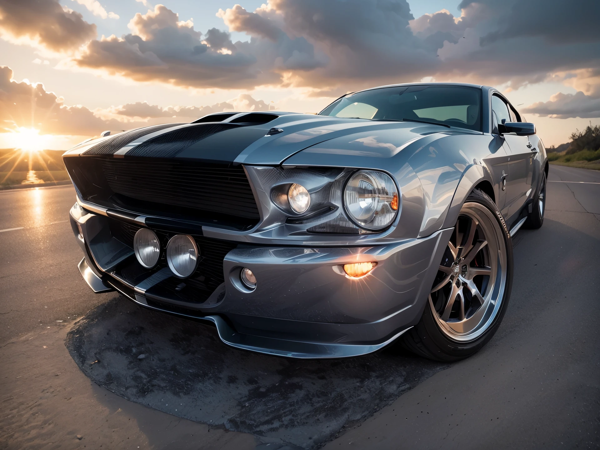 A custom silver shelby gt500 car with headlights on and on reflecting off the wet road being driven by a man on a winding road. O carro em movimento, with trees lined up on both sides of the road. I want an image that captures the feeling of an exciting journey, com o homem curtindo o passeio em um dia ensolarado.