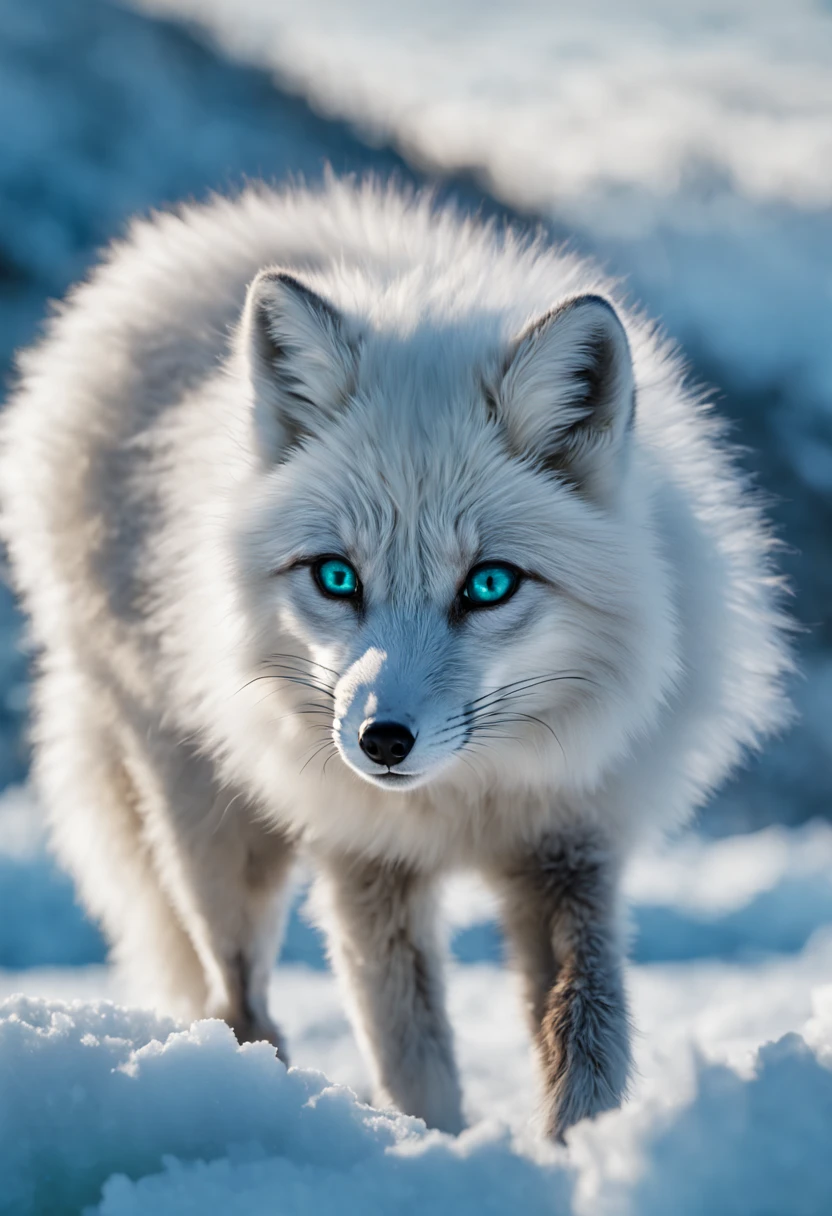 The Arctic Fox's Journey: (masterpiece, best quality, illustration, vibrant:1.2), an agile (arctic fox:1.3) leaping across fragmented ice floes, dynamic splash of icy water, mid-action, bright (sunlight reflecting:1.1) off glistening snow, (distant mountains:1.1), clear blue sky, a palette of cool blues and whites, sense of movement, the fox's focused (heterochromatic eyes: one blue, one green:1.2), long shadow cast on the frosty ground, intricate fur detail showing adaptation to the environment, mid-pounce, sense of adventure, aesthetic