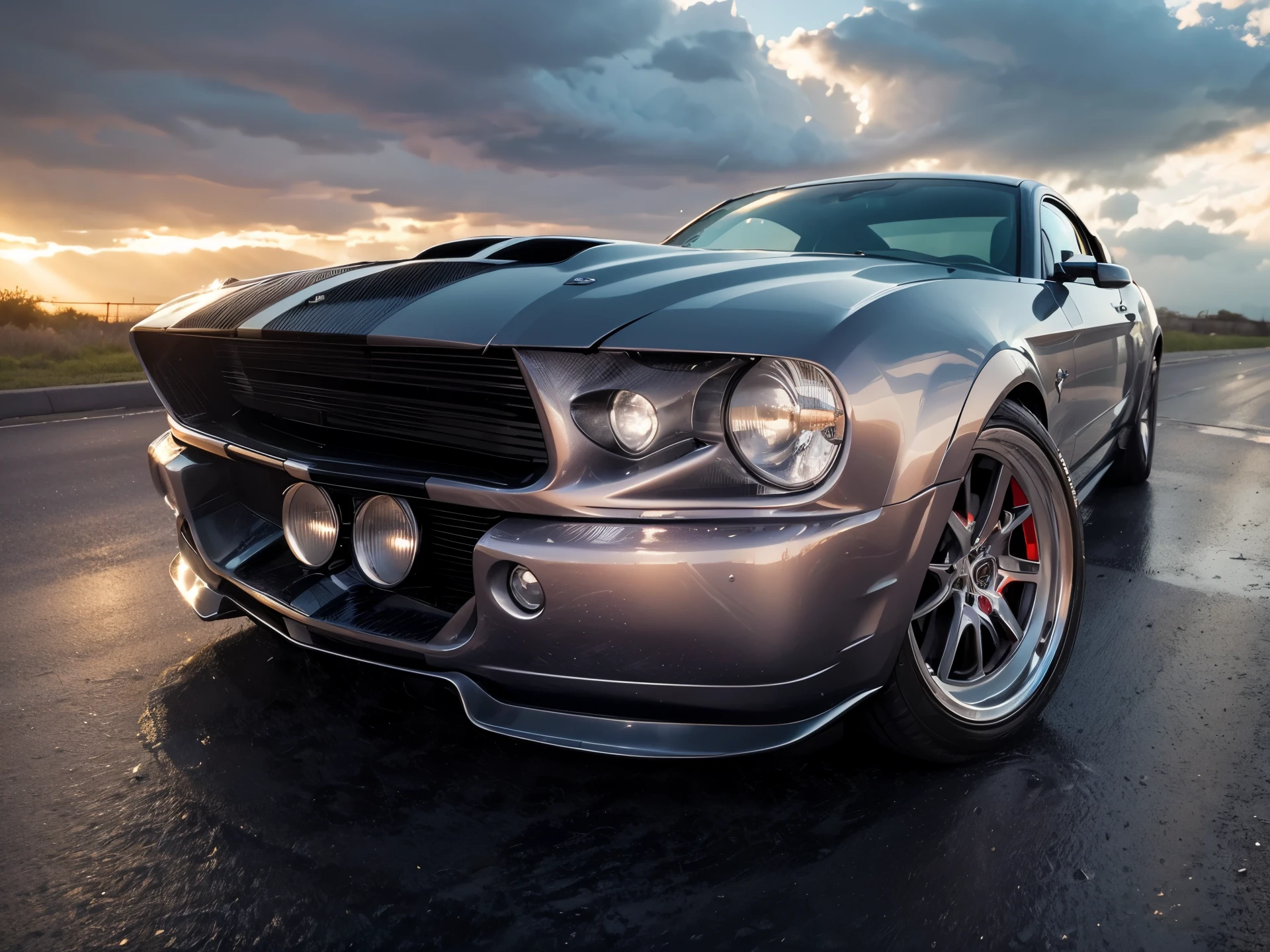 A custom silver shelby gt500 car with headlights on and on reflecting off the wet road being driven by a man on a winding road. O carro em movimento, with trees lined up on both sides of the road. I want an image that captures the feeling of an exciting journey, com o homem curtindo o passeio em um dia ensolarado.