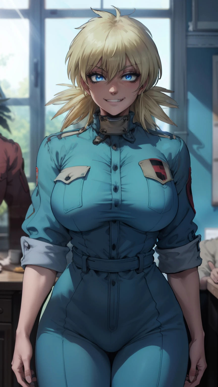 masterpiece, highest quality, best quality, official art, beautiful and aesthetic: 1.2), (1girl), extremely detailed, (fractal art: 1.3), colorful, highest detailed, perfect face, upper body, HDR, bright colors, hellsing, seras, standing, breast focus, breasts, large breasts, bare breasts, naked, nude, boob window, sexy, wide hips, thicc figure, Detailed blue eyes, Detailed face, Detailed eyes, perfect face, perfect eyes, wearing blue jumpsuit, jumpsuit, blue jumpsuit, breast window, naked breasts, smug, smug grin, smug expression, fangs