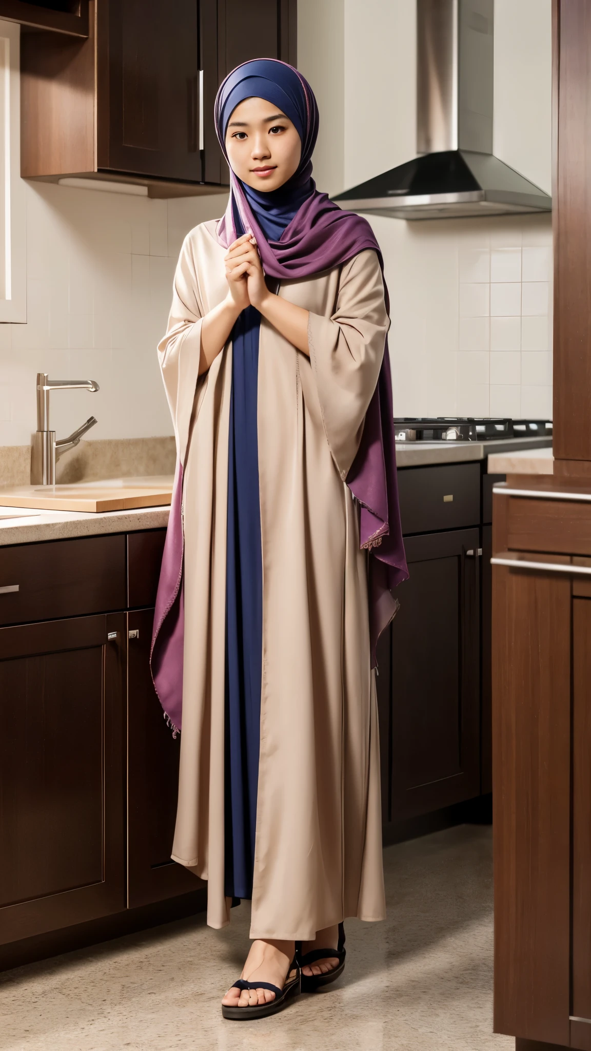 (a young Japanese man),(full body),(dressed in a pashmina hijab),(modest Muslim long dress),(sandals),(kitchen),(delicate features),(shy pose),(tall background),(realistic),(photorealistic:1.37),(ultra-detailed),(vivid colors),(professional),(portrait),(delicate),(subtle lighting)