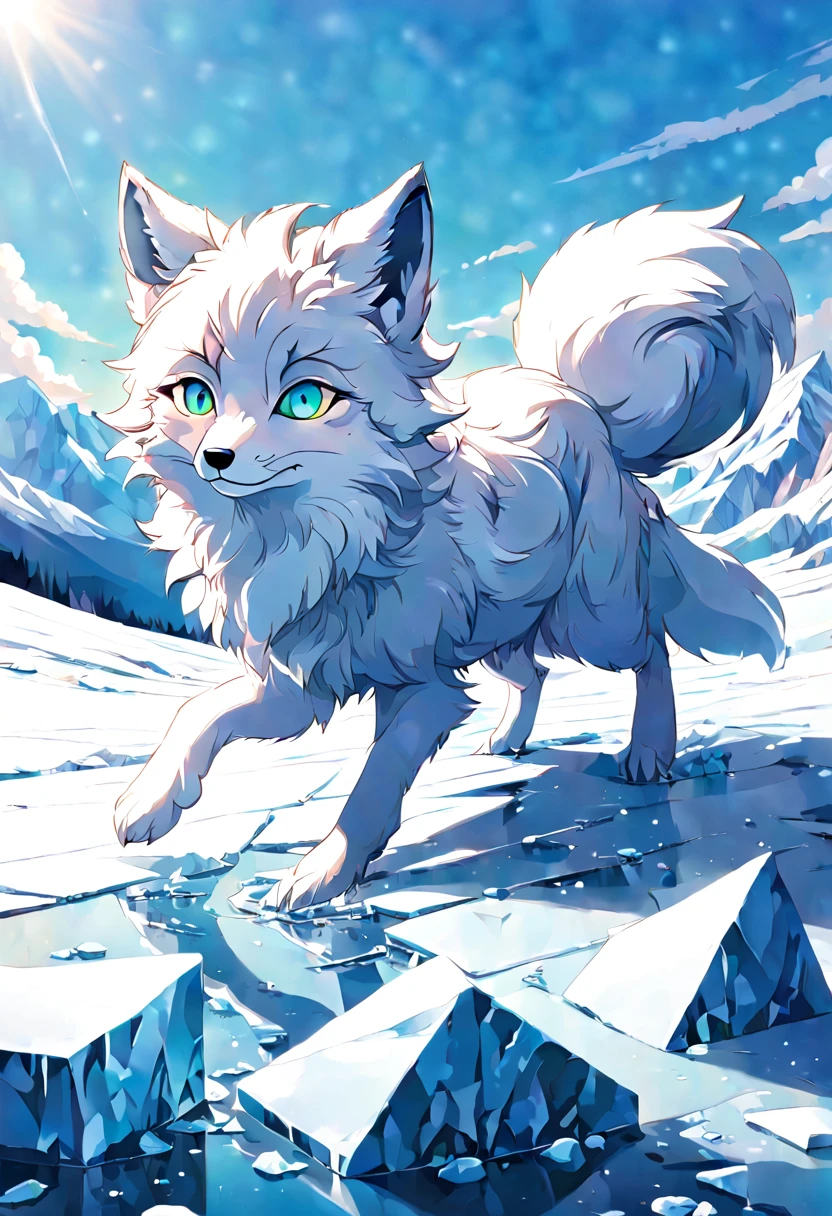 The Arctic Fox's Journey: (masterpiece, best quality, illustration, vibrant:1.2), an agile (arctic fox:1.3) leaping across fragmented ice floes, dynamic splash of icy water, mid-action, bright (sunlight reflecting:1.1) off glistening snow, (distant mountains:1.1), clear blue sky, a palette of cool blues and whites, sense of movement, the fox's focused (heterochromatic eyes: one blue, one green:1.2), long shadow cast on the frosty ground, intricate fur detail showing adaptation to the environment, mid-pounce, sense of adventure, aesthetic