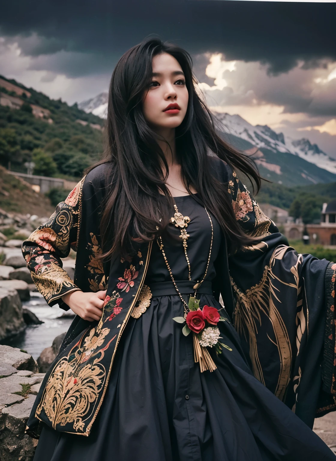 (Best quality, 8k, 32k, Masterpiece, UHD:1.2) "Generate a captivating artwork featuring a young Japanese girl model with short, sleek black hair styled in a chic bob haircut. Envision her bathed in dramatic cinematic lighting, creating an atmosphere of allure and mystery. Emphasize a romantic aesthetic vibe, showcasing the model in a poised and elegant pose that evokes a sense of intimacy and sophistication. Utilize warm and soft tones to enhance the romantic ambiance, and consider incorporating elements like flowing fabrics or flowers to add a touch of ethereal beauty. Capture the essence of romance and beauty through the model's expression, the play of light and shadows, and the overall aesthetic, creating a visually compelling and emotionally resonant piece." (perfect eyes), flawless skin, flawless face, cinematic, tight body, ((well-proportion female hands)), ((female hands with five digits)) ((Body is well proportioned)), ((chic bob haircut)), mountains, traditional clothes
