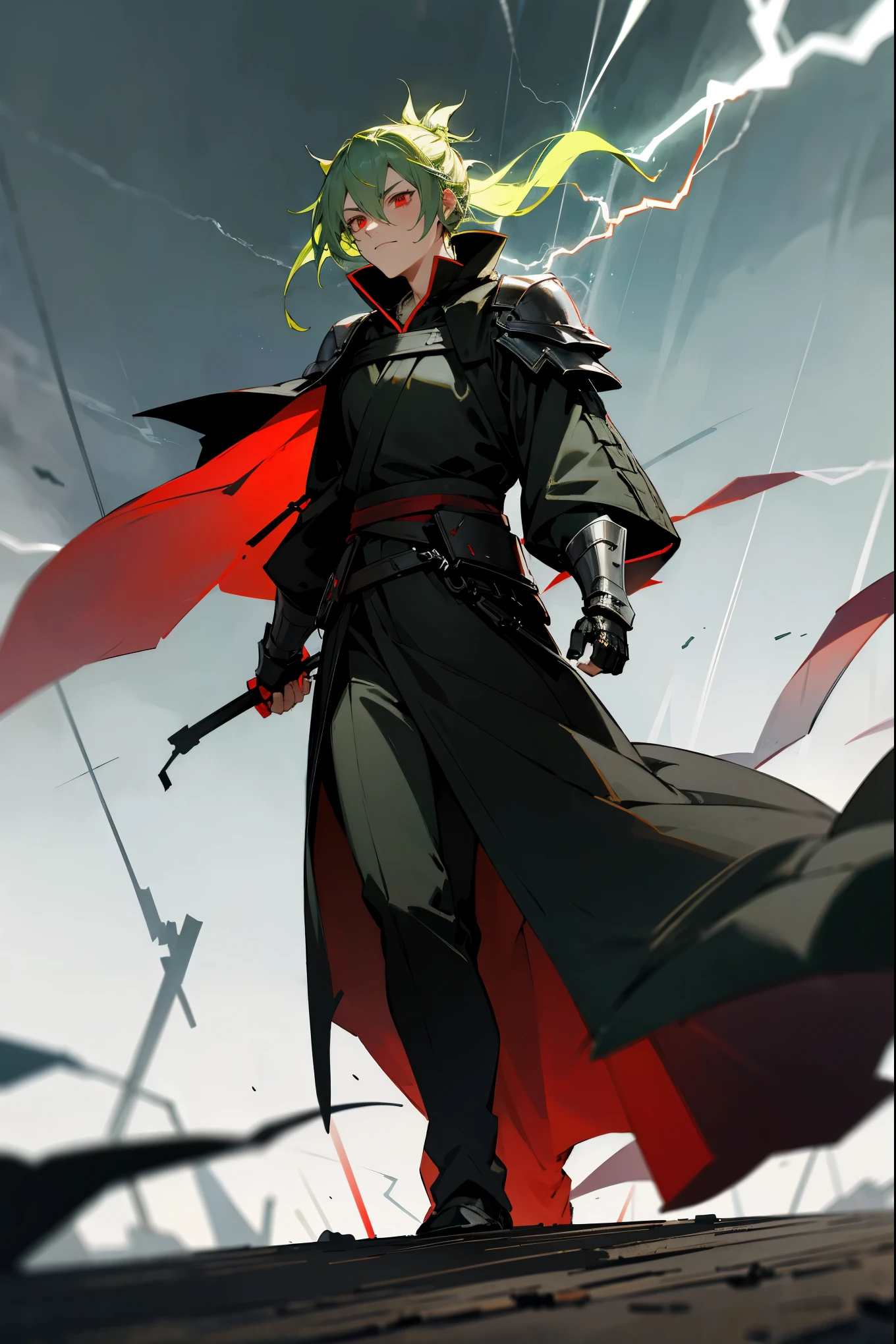 1male, bright green hair, man bun, red eyes, sith clothing, dark clothing, armored clothing, dark cloak, battle background, warring background, walking on path, (((lightning aura)))