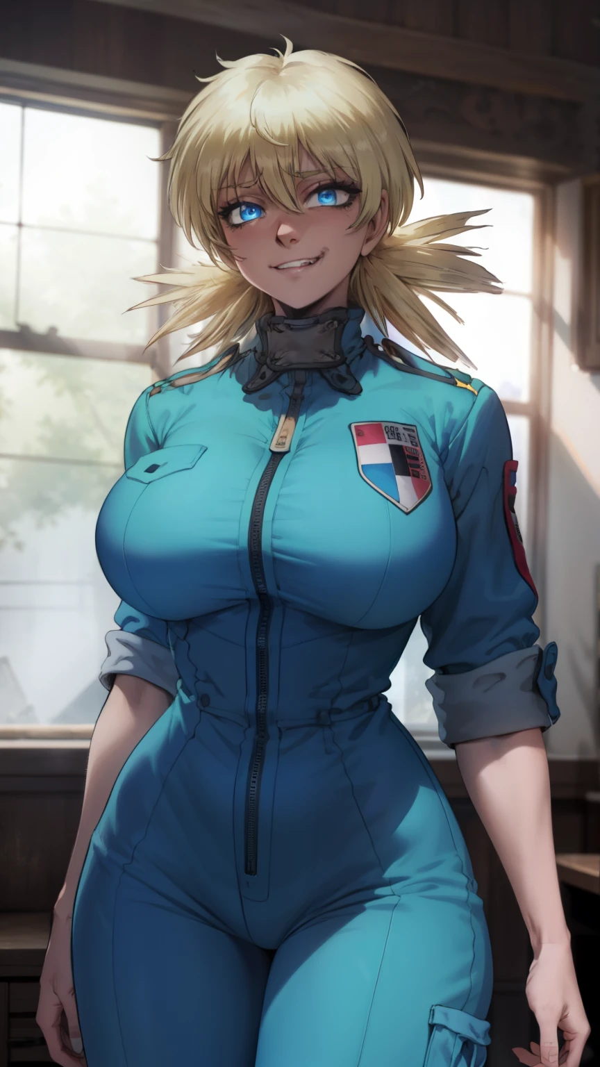 masterpiece, highest quality, best quality, official art, beautiful and aesthetic: 1.2), (1girl), extremely detailed, (fractal art: 1.3), colorful, highest detailed, perfect face, upper body, HDR, (prayer: 1.3), (dynamic stripes, luminous traces: 1.2), bright colors, hellsing, seras, standing, breast focus, breasts, large breasts, bare breasts, naked, nude, boob window, sexy, wide hips, thicc figure, Detailed blue eyes, Detailed face, Detailed eyes, perfect face, perfect eyes, wearing blue jumpsuit, jumpsuit, blue jumpsuit, breast window, naked breasts, smug, smug grin, smug expression, fangs