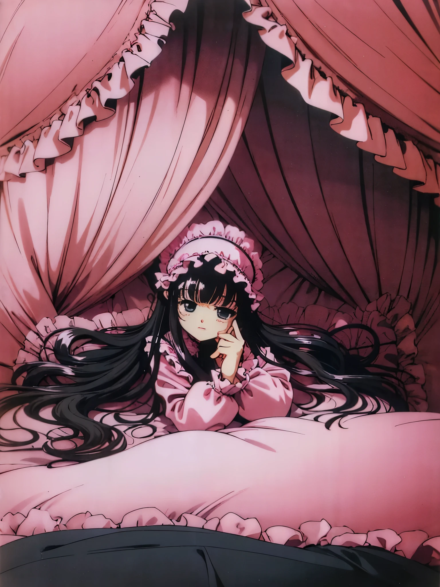,highest quality, masterpiece, highest resolution, artwork, super それにget used to it, many get used to it, get used to it, それにget used to it, 3K anime illustration,(( 10 year old girl)),Super detailed baby face,high quality small face,long black hair,Japanese,landmine girl,pajamas,,curly hair,((((ピンクのロリータファッションのlong skirtのワンピースドレス)))),((フリルとリボンがたっぷりついたピンクの可愛らしいpajamas)),((Luxurious pink headdress with frills and ribbons)),((((black ruffles and lace)))),detailed headdress,,(((big yoke collar))),Yoke collar with ruffles and ribbons,((((long sleeve)))),ruffle sleeves,((((long skirt)))),pink and black pillow with large ruffles and ribbons,(((Nice pink outfit))),豪華なcanopy bedの上,canopy bed,The bed is surrounded by luxurious curtains,There are many pink and black frilly pillows on the bed.,Behind the girl are many pink and black frilly pillows...,super detailed background,detailed bed,((((pink duvet with black lace and ruffles)))),soft pink comforter,Highly detailed soft ruffle pillow,Beautiful girl illustration,detailed beautiful face,thin hair,detailed eye ,detailed eyes,detailed mouth, arm details,fine hands,Detailed pillow,wide bed,Illustration on the bed, ,((((round futon)))),((((A large pink futon that covers the entire bed)))),detailed comforter,detailed bedシーツ,Before bedtime,romantic atmosphere,palace bedroom,((((The lower body is hidden under a large futon....)))) The girl is leaning on a pile of pillows, ,((((round futon)))),((((Large pink ruffle comforter with black ruffles and lace covering the entire bed)))),look at me with contempt,Hold your hands,bring both hands close to the mouth,