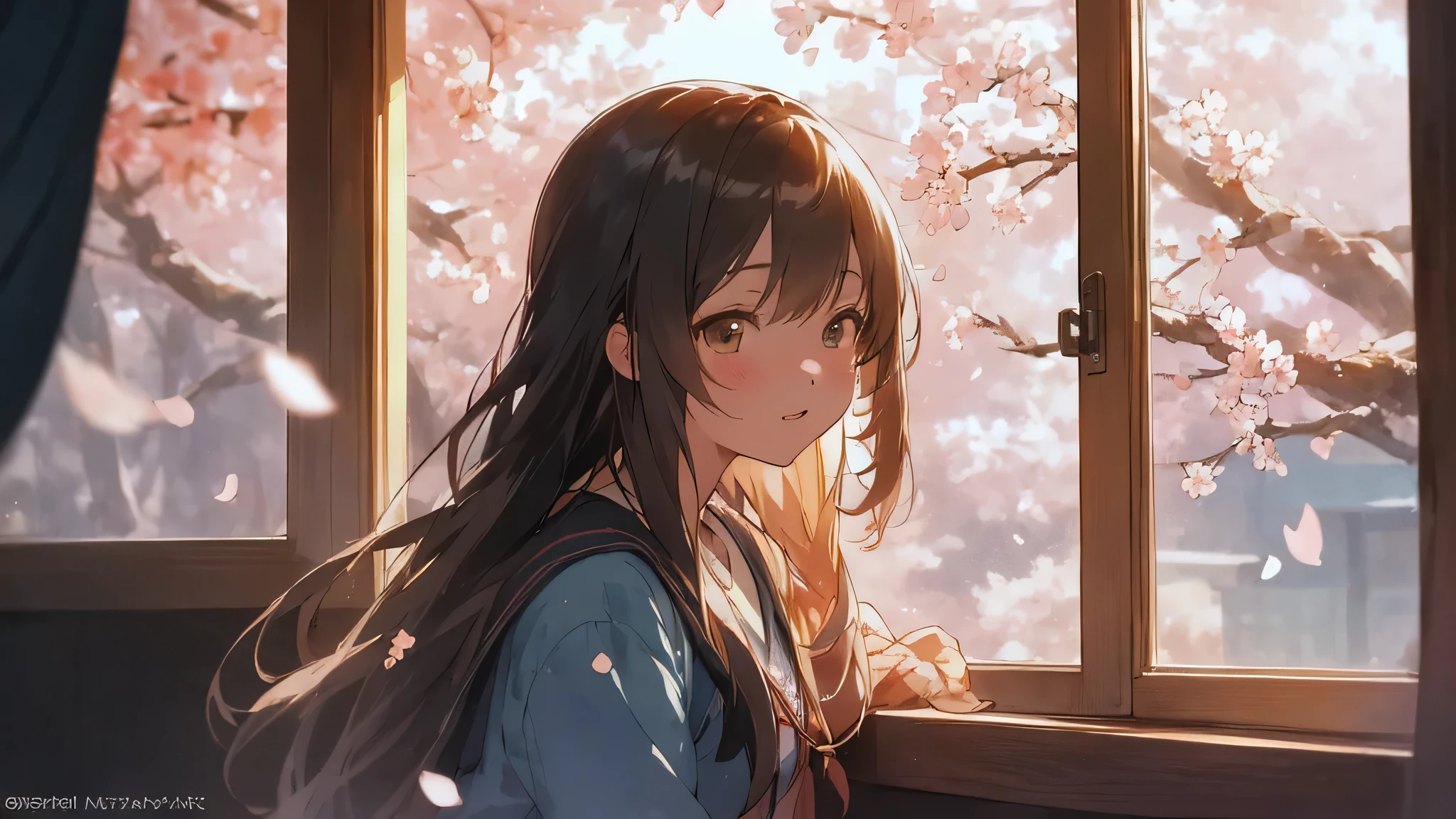 anime girl looking out a window with cherry blossoms in the background, anime visual of a cute girl, trending on cgstation, Gwaites style artwork, anime visual of a young woman, Trending on Art Station Pixiv, 🍁 cute, Artjam and Ati Gailan, anime girl with long hair, beautiful anime portrait, anime. soft lighting